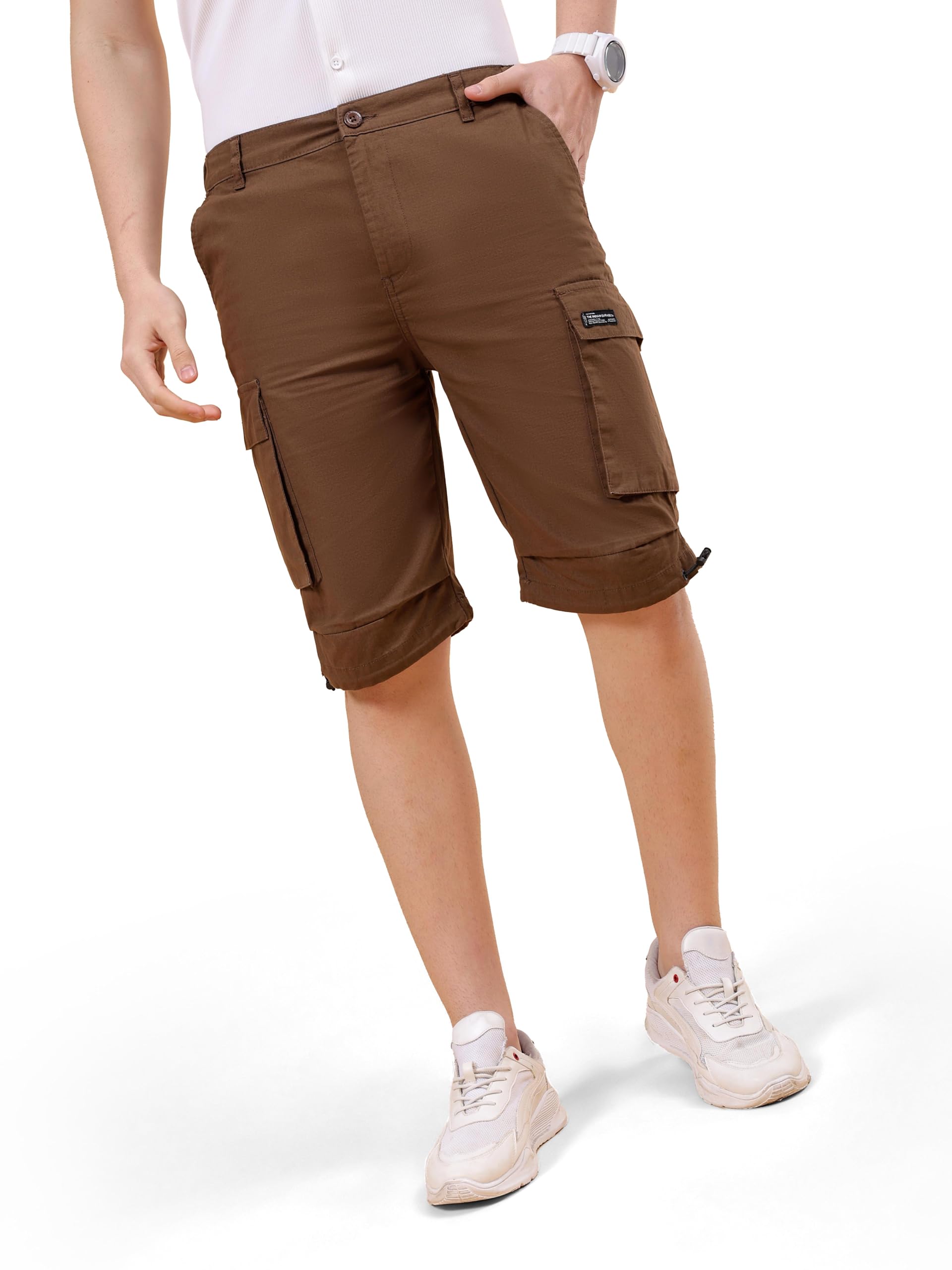 the indian garage co Men Relaxed Fit Solid Mid-Rise Cargo Parachute Shorts-picture-15