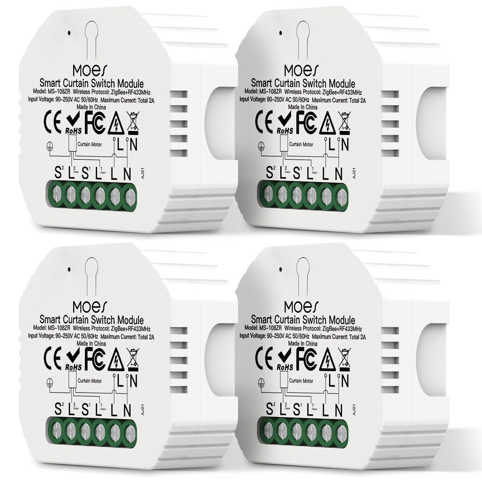 MOES 4 Pack Tuya Zigbee RF433 Smart Rolladenschalter Relais Modul, Rolladen Jalousien Zeitschaltuhr Schalter für Rollladenmotor, Alexa Google Smart Life【Tuya ZigBee Hub erforderlich】 | Für motorisierten Elektromotor, Tuya ZigBee Hub erforderlich, Kompatib
