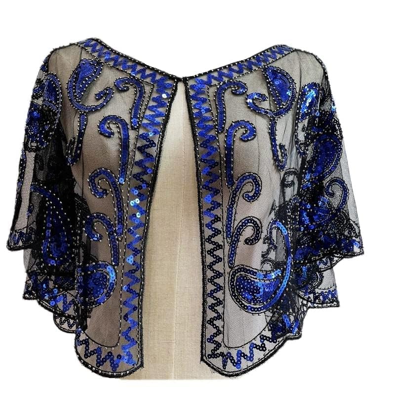 Black Royal Blue Sequin Shawl, 1920s Black Royal Blue Flapper Shawl, Womens Lace Shawls And Wraps, Evening Shawls With Sequins, Plus Size Sequin Wrap Gatsby Beaded Evening Cape