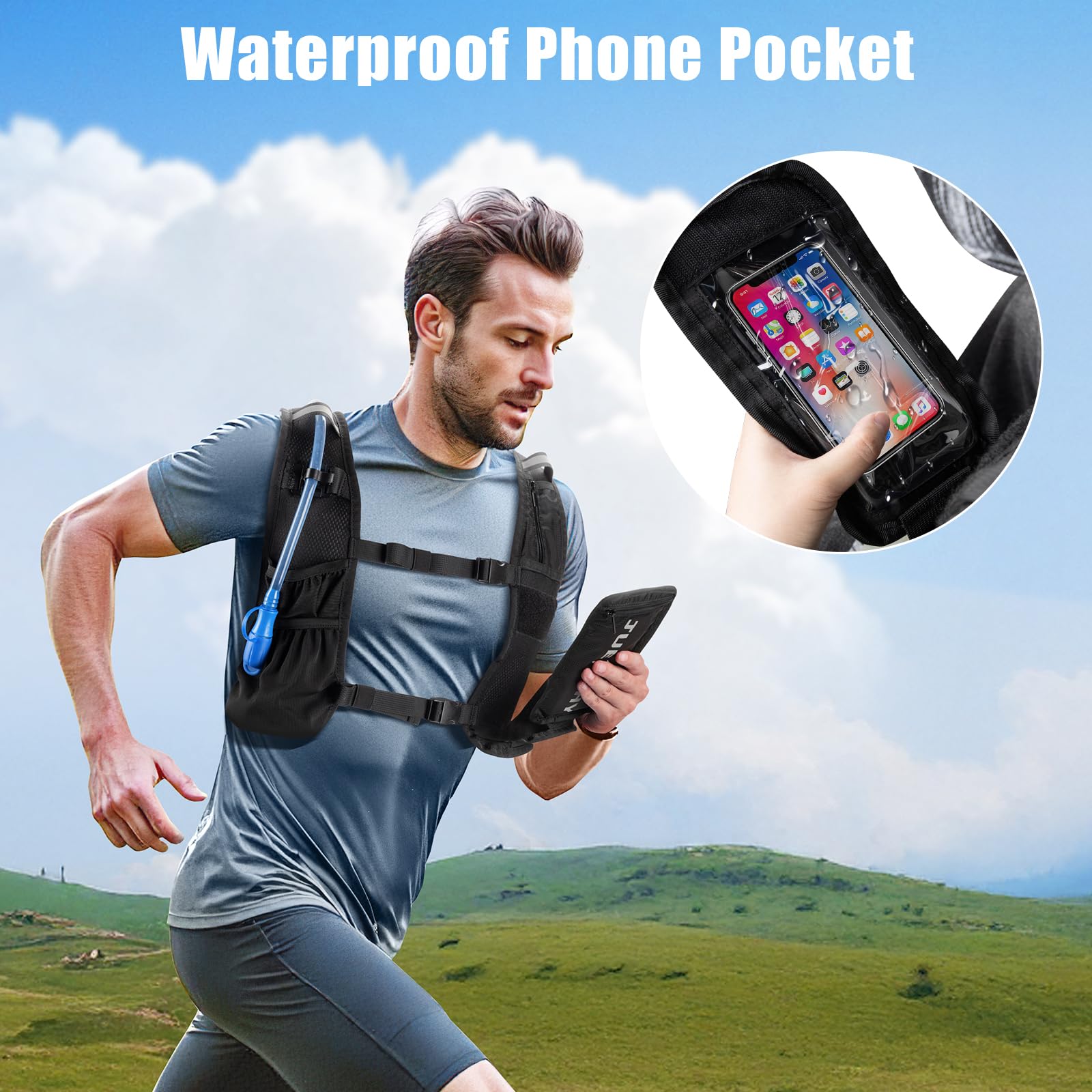 Jueachy Gilet de course léger pour homme : sac à dos d'hydratation avec poche à eau de 2 L – pochette étanche pour téléphone pour la randonnée