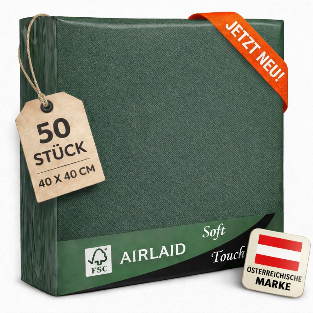 EV® Airlaid Servietten - 50 Stück, Tiefgrün (40 x 40 cm) - Stoffähnlich | Stilvolle Tischdeko - Einfarbig, Saugstark & Elegant - Ideal für Hochzeit, Geburtstage & Feste