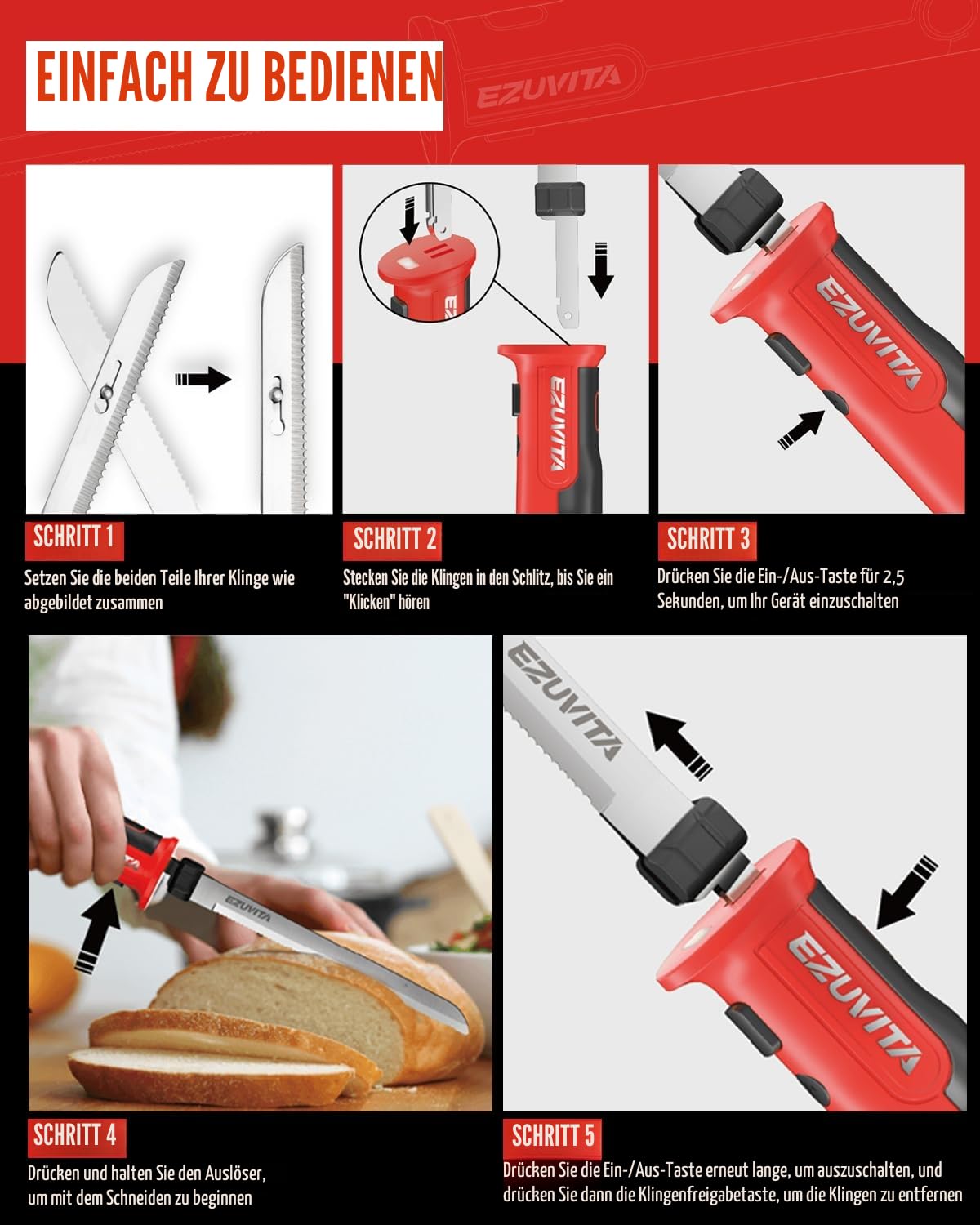 Elektromesser, Kabelloses Küchenmesser mit 2 Edelstahlklingen, 2000-mAh-Akku, Rot