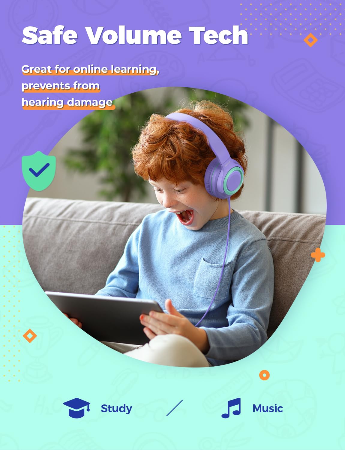 iClever HS22 - Cuffie per bambini con volume limitato di 94 dB, suono stereo, archetto regolabile, pieghevoli, cuffie per bambini per iPad e tablet Shool, da viaggio