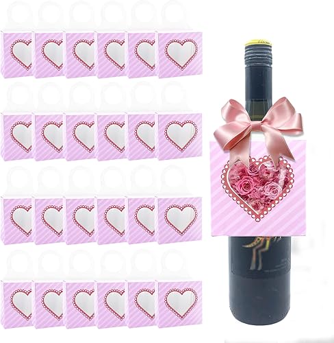 Miniatura 1 de Caja de 25 botellas de vino Kraft con ventana plegable de papel a rayas rosadas caja de regalo colgante con ventana de corazón para sostener