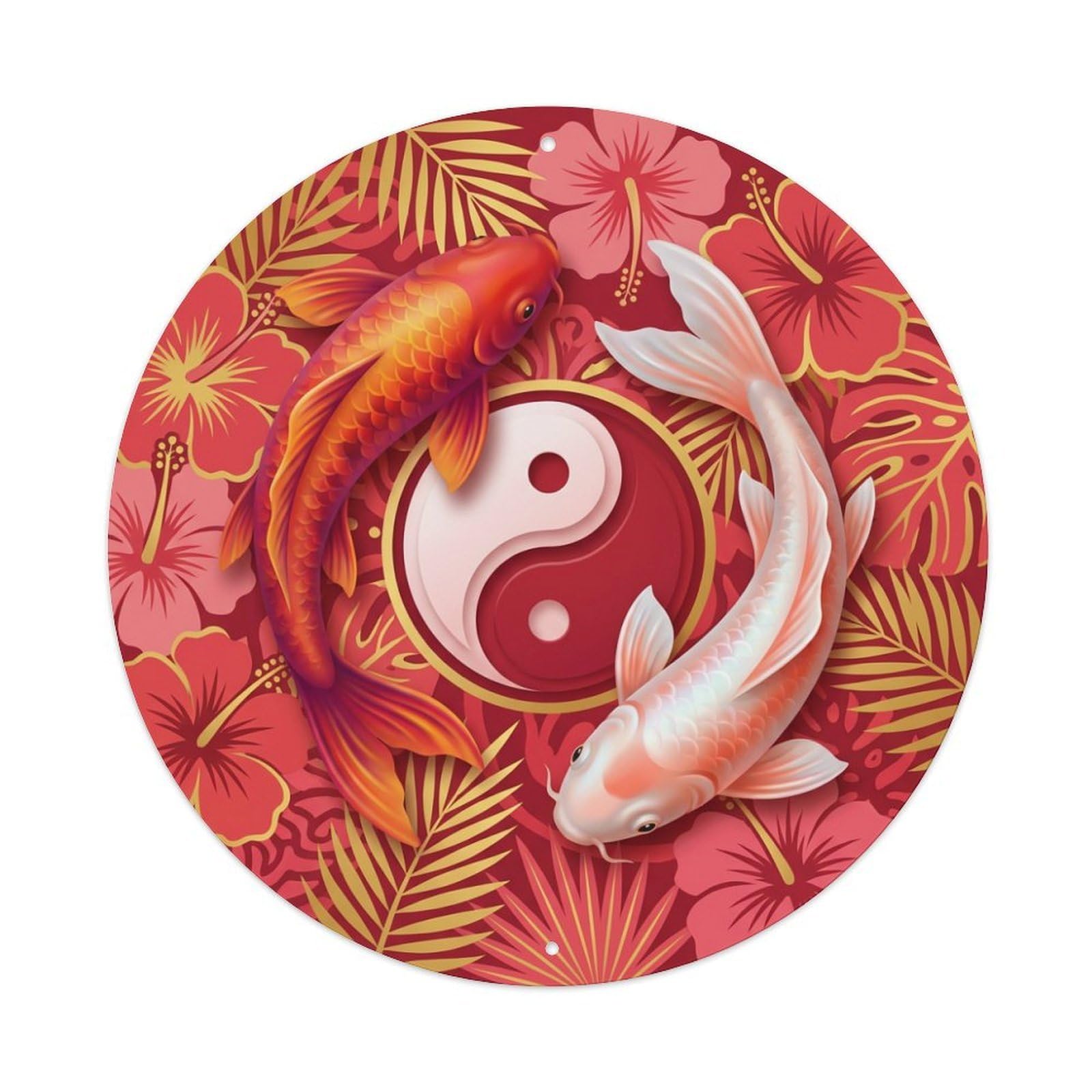 Metal Tin Sign Tai Chi Koi Fish Hibiscus Red