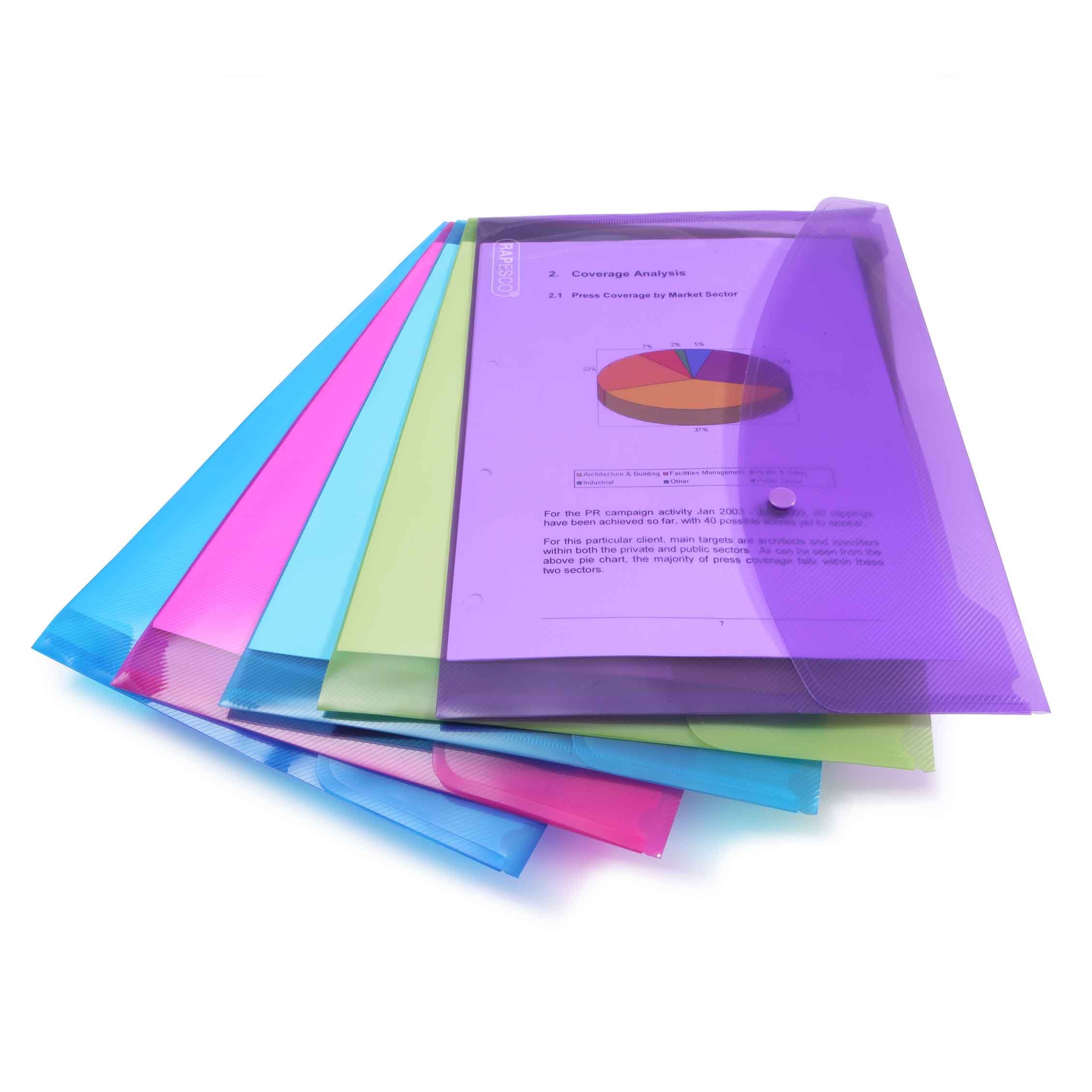 Rapesco 0688 ECO Recycled Popper Wallets, A4+, Assorted Bright Transparent Colours, Pack of 5