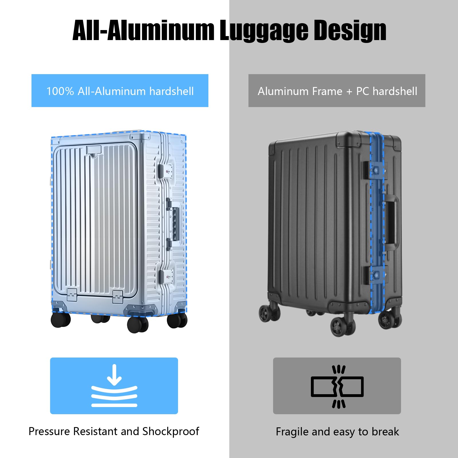YYW Valigia in alluminio con ruote girevoli, leggera e rigida, con serratura TSA integrata, con portabicchieri, porta USB, supporto per telefono, Argento, 24inch/39x25x65cm, classico