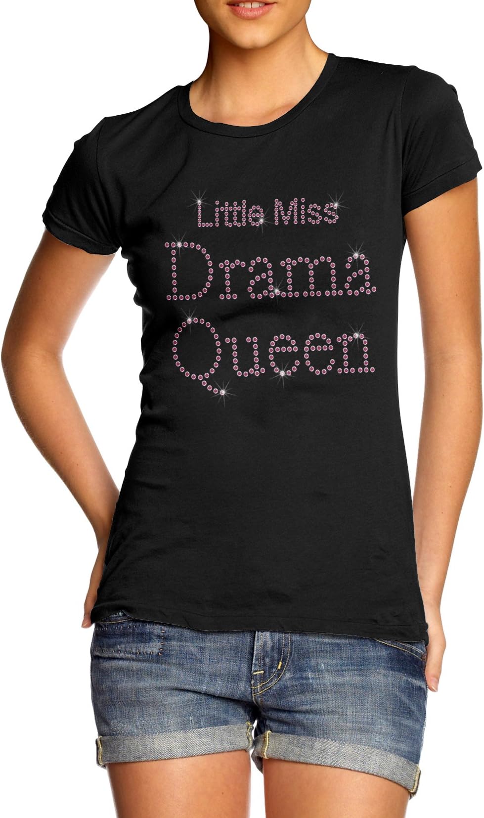 Women's Little Miss Drama Queen Funny Rhinestone Slogan T-Shirt