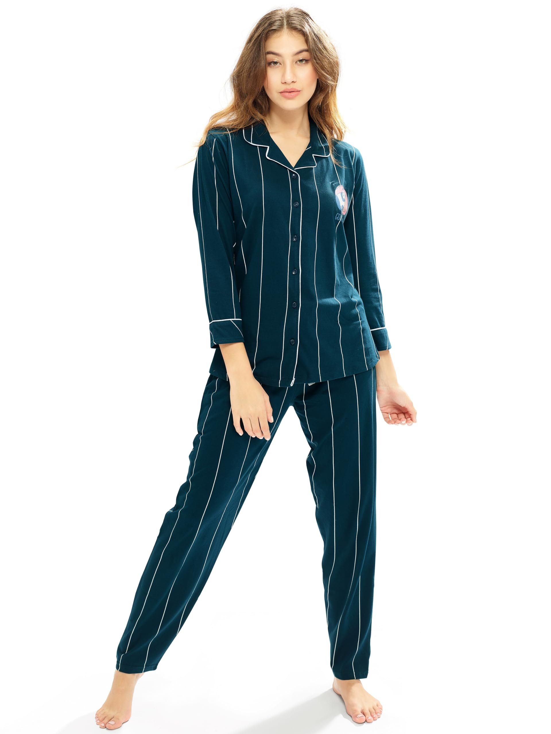 Women's Cotton Strip Printed Front-Open Full Sleeve Nightsuit-image-21