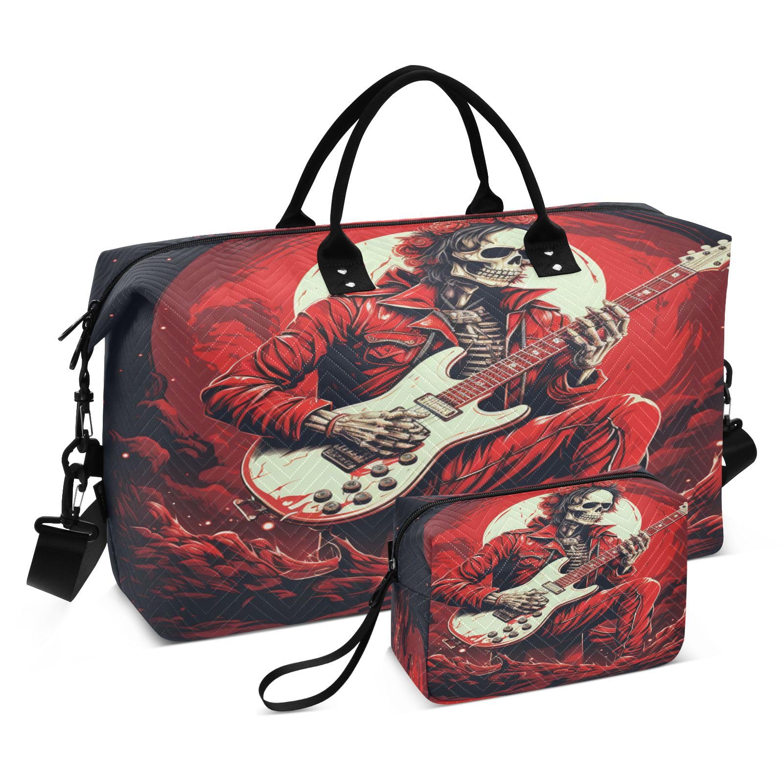 Cool Music Skull Sports Swim Gym Bag Weekender Duffel Travel Bags Handbag with Makeup Storage Bag for Girls Men