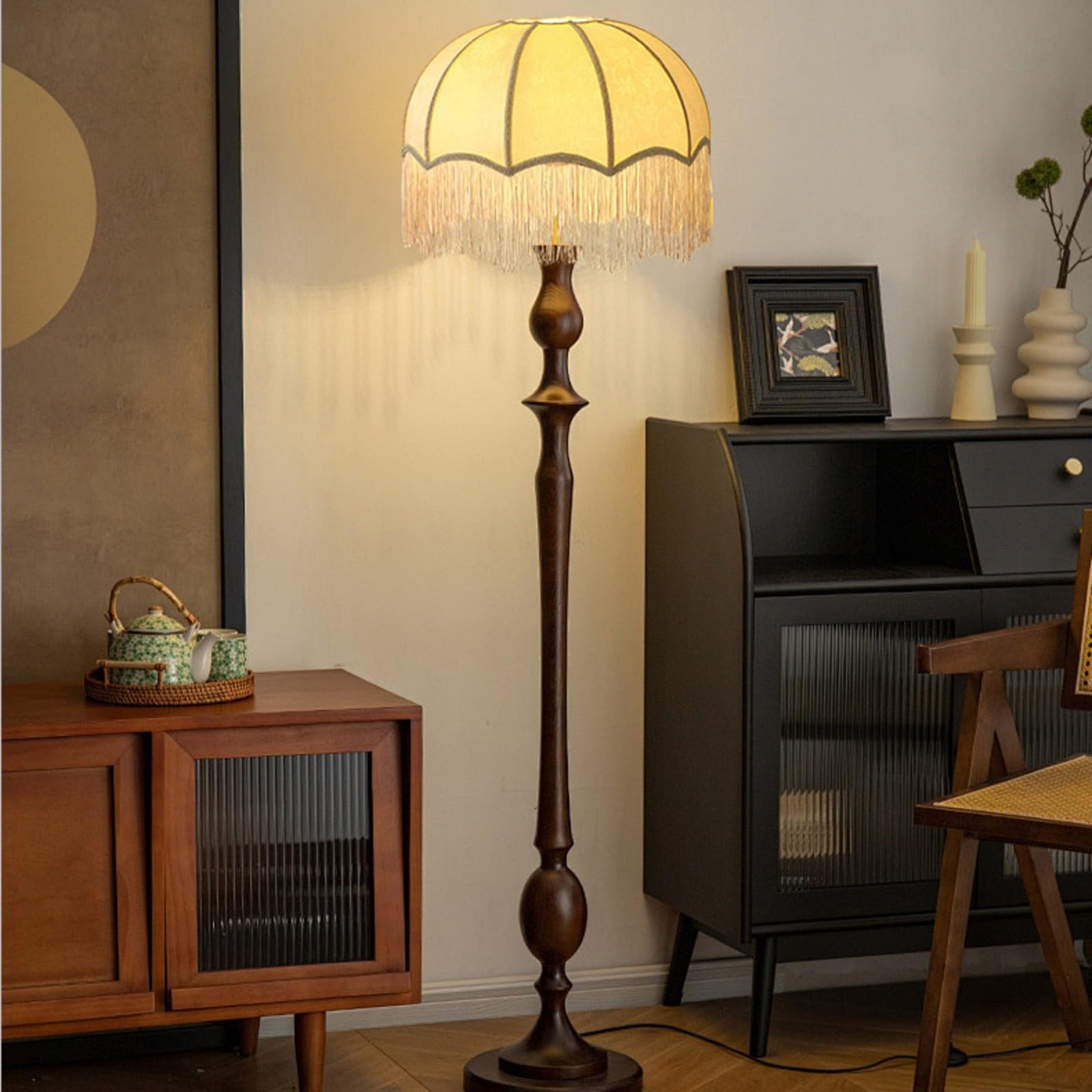 Pantalla Lámpara con Ribete Clásica Bor Festoneado, Pantalla Lámpara con Borlas, Retro, para Dormitorio, Beige, 40cm