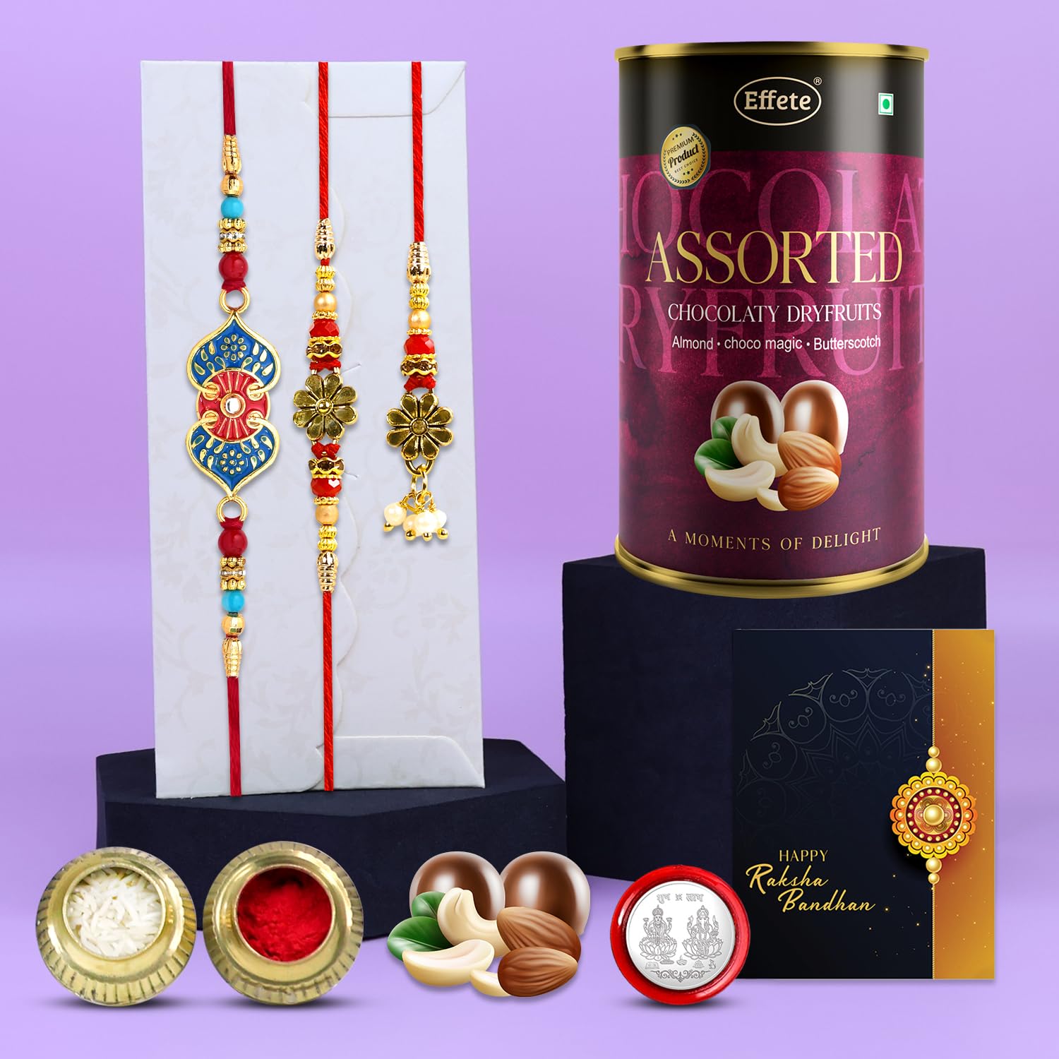 DeoDap Chocolate with Rakhi Set for Brother and Bhabhi - Multicolor Rakhi (2 Pc) for Bhai & 1 Lumba for Bhabhi with Assorted Chocolate (96 GM), Silver Color Coin & Greeting Card, Raksha Bandhan Combo-image-47