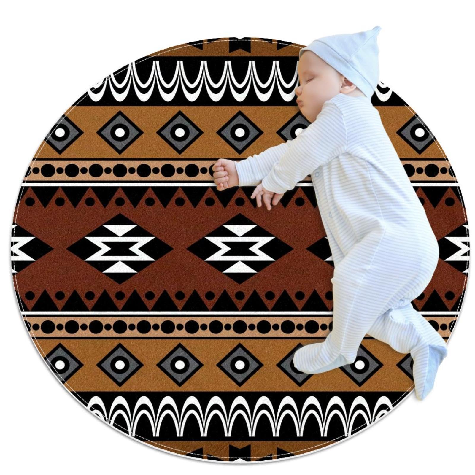 Tapis de salle de bain petit format rond 1m motif aztèque ethnique chic