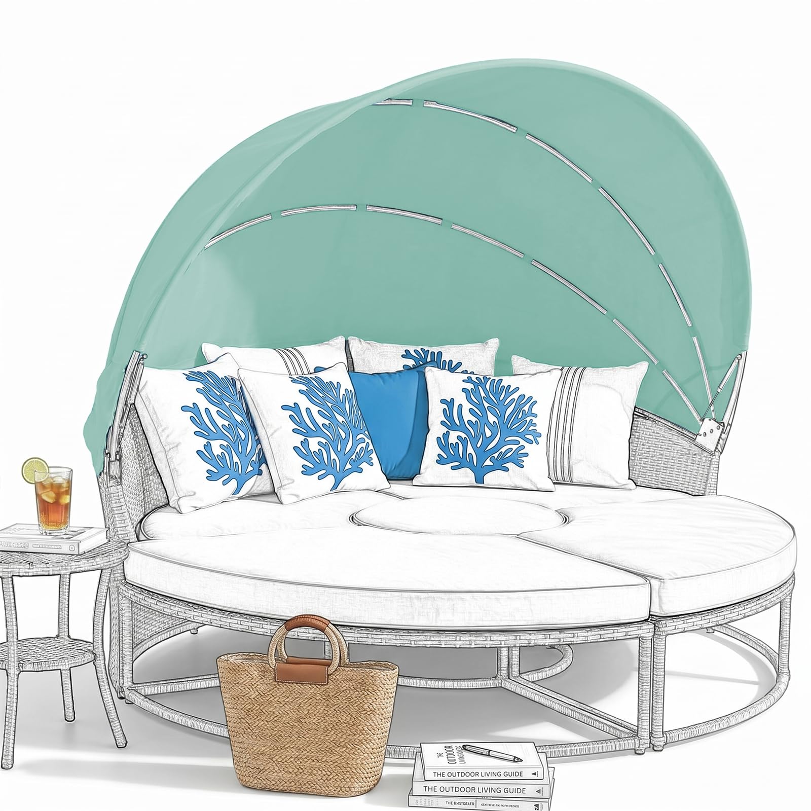 LR68HFT Replacement Canopy for Patio Round Daybed Applicable to Dia 200-220cm, Retractable Top Cover for Outdoor Sunbed, Sun-Resistant and Water-Repellent, Quick Installation (Bean Green)