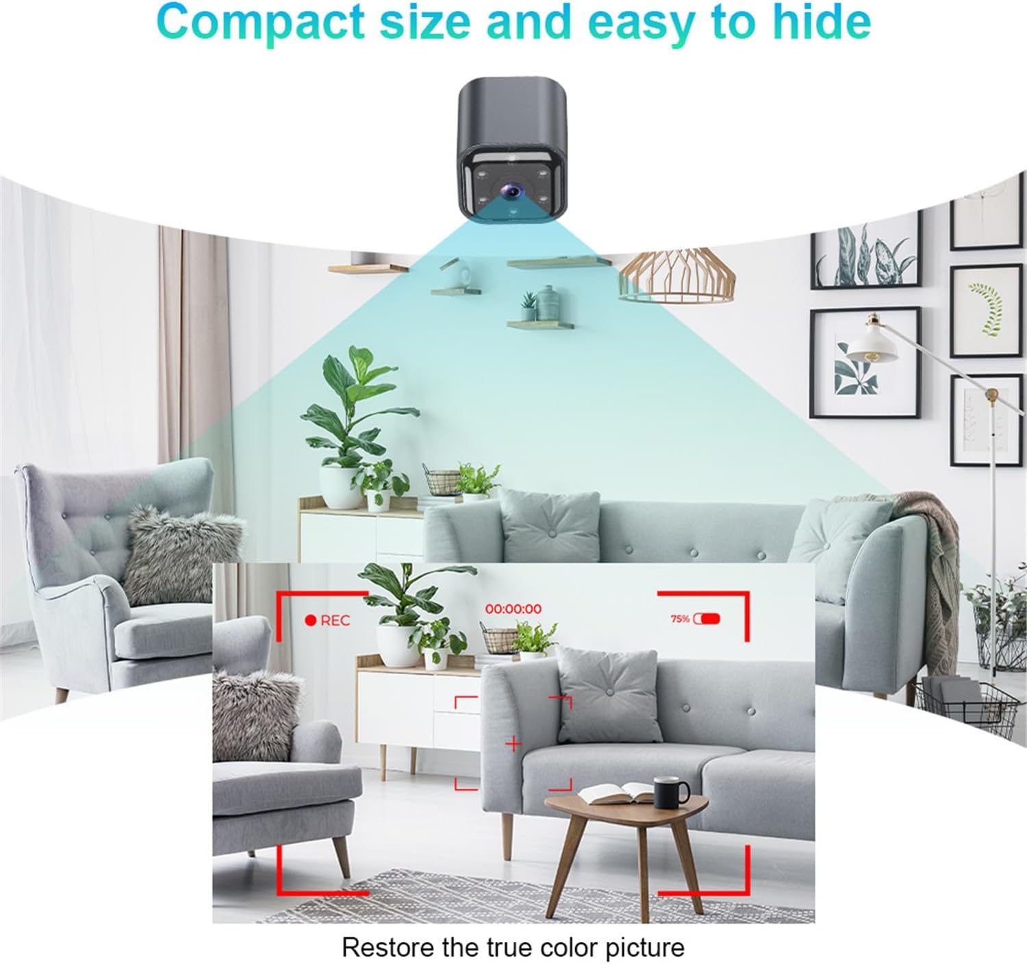 The AS03 camera positioned in a room, showing its wide field of view and a close-up of the clear image quality.