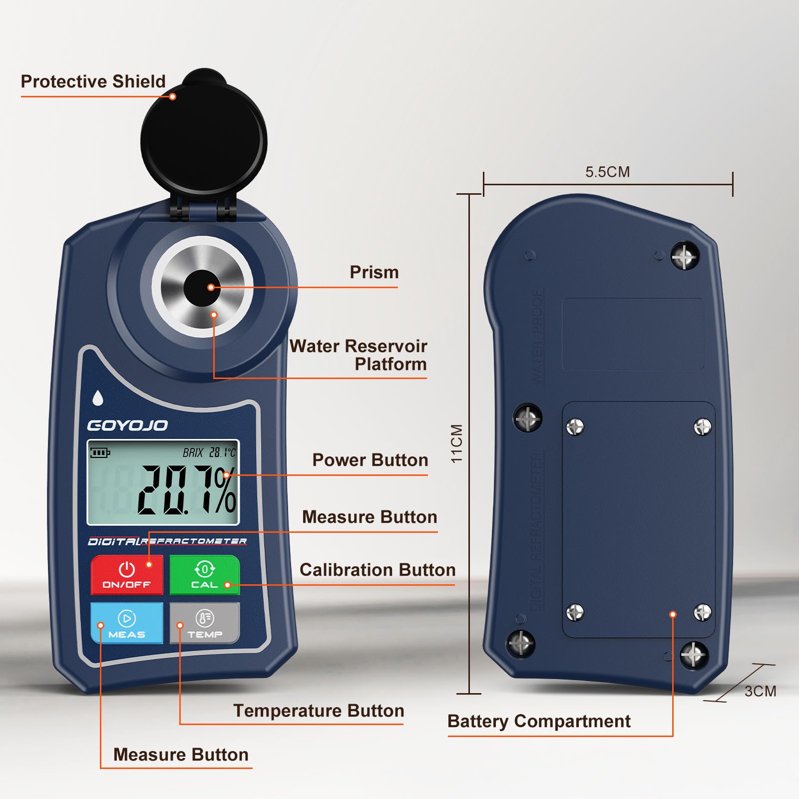 GOYOJO Refractómetro Digital Brix con Compensación Automática de Temperatura para Muestras de Agua, Alimentos, Frutas, Bebidas y Medición de Azúcar en Plantas (0,0-55,0% Brix)