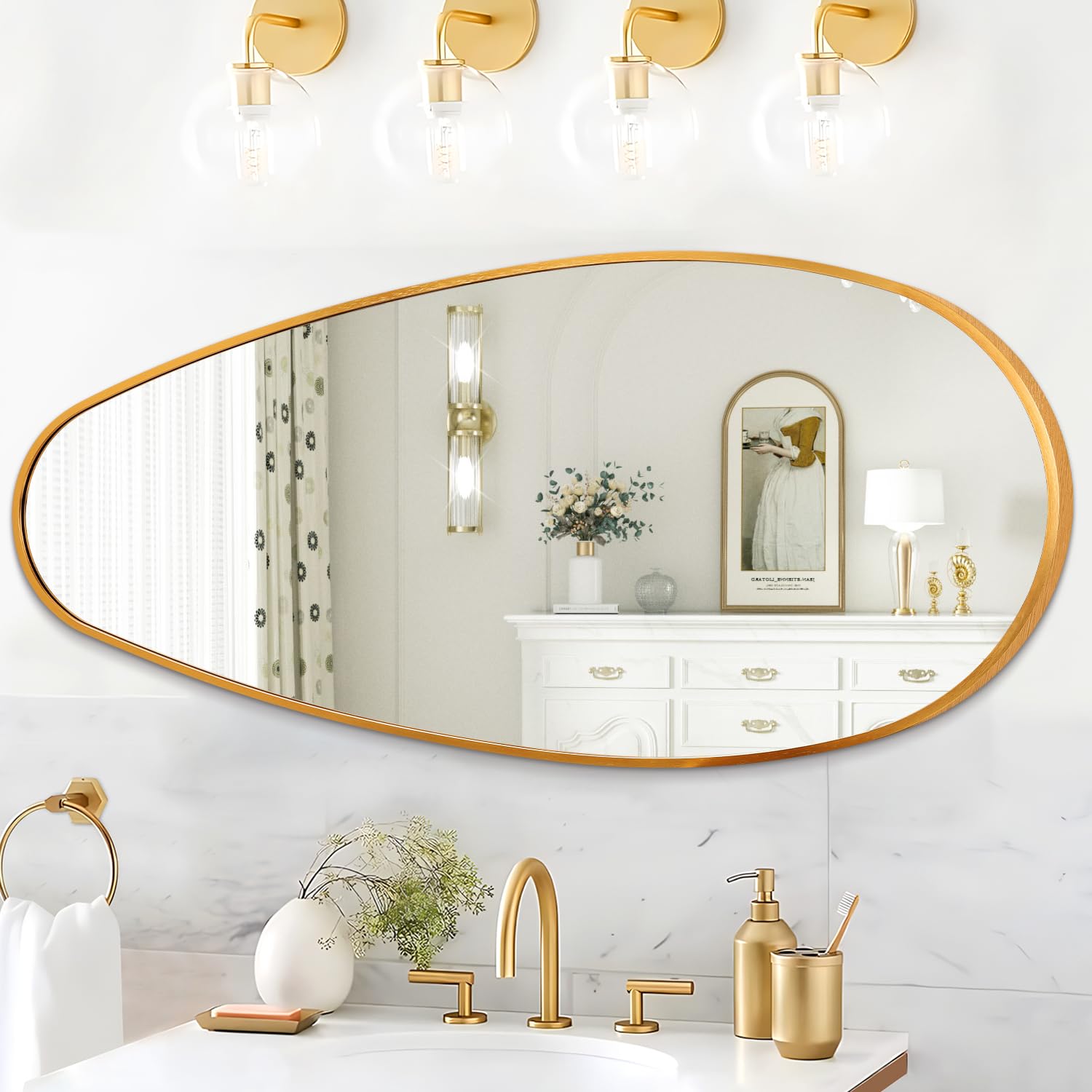 JJUUYOU Irregular Wall Mirror Large Asymmetrical Bathroom Mirror 98×45 cm Metal Framed Wall Mirrors Decorative Horizontal or Vertical Mirrors for Living Room Bedroom Entryway Bedroom,Gold