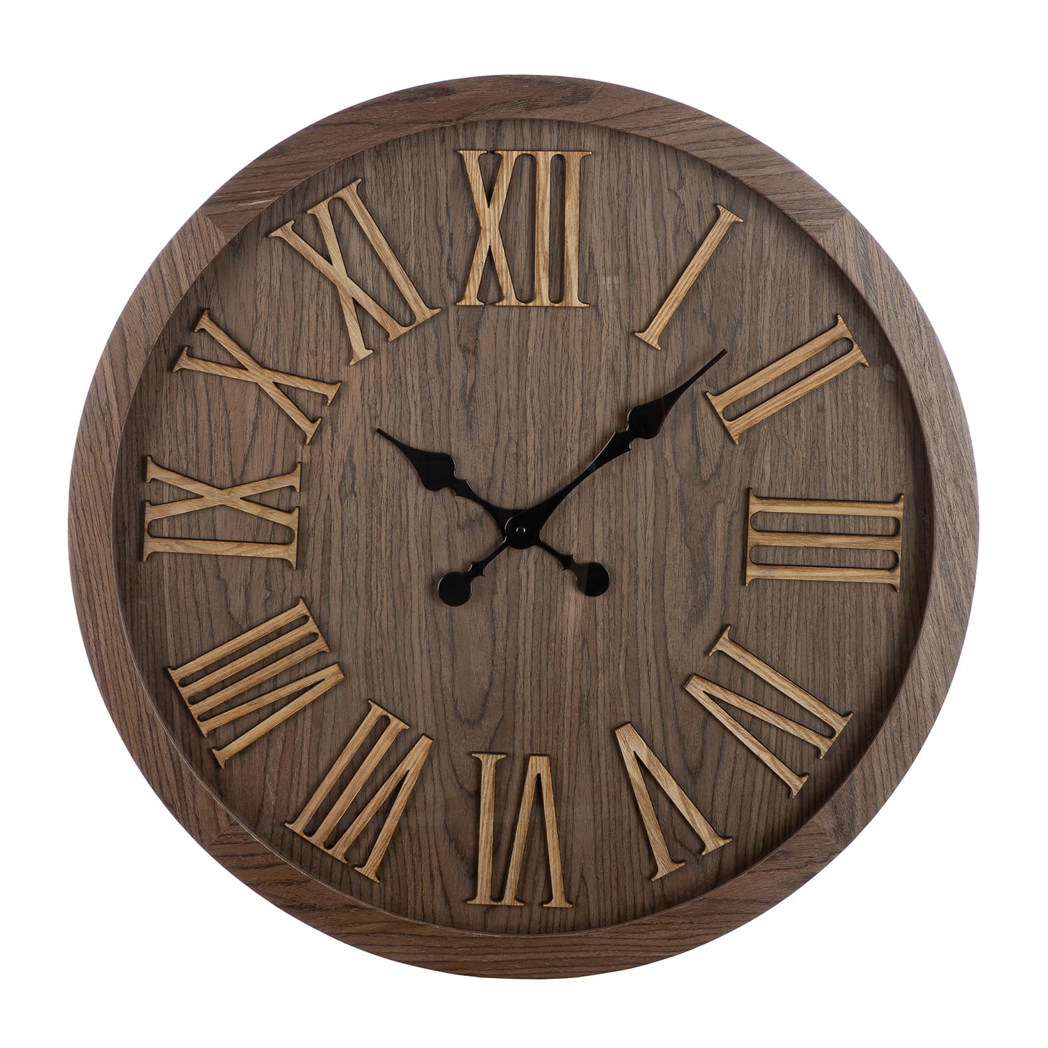 Horloge murale ronde GILDE 60 cm en MDF marron mat avec chiffres romains style rétro