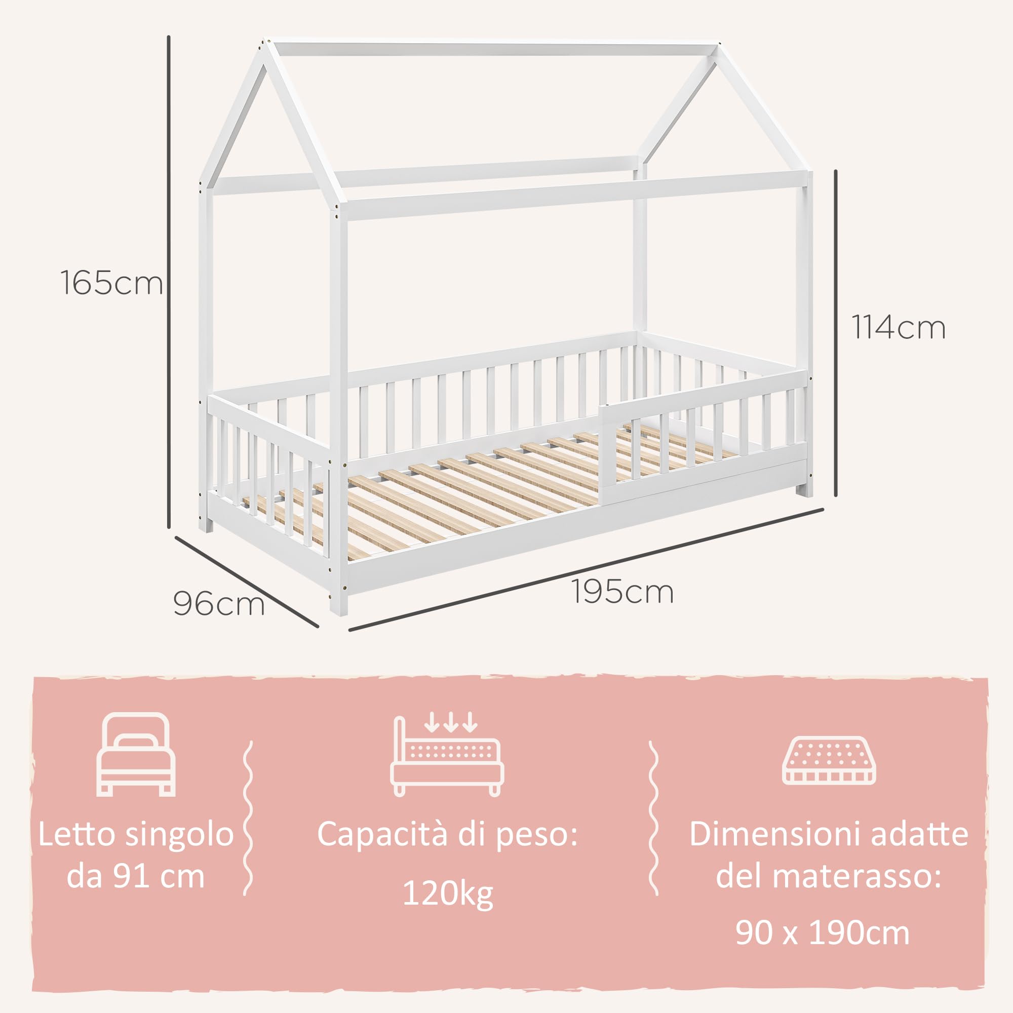 HOMCOM Letto Montessori per bambini a Casetta, 90x190 cm Letto per Bambini a Forma di Casa con 15 Doghe, Struttura in Legno di Pino e Barriere di Protezione per Cameretta, Bianco