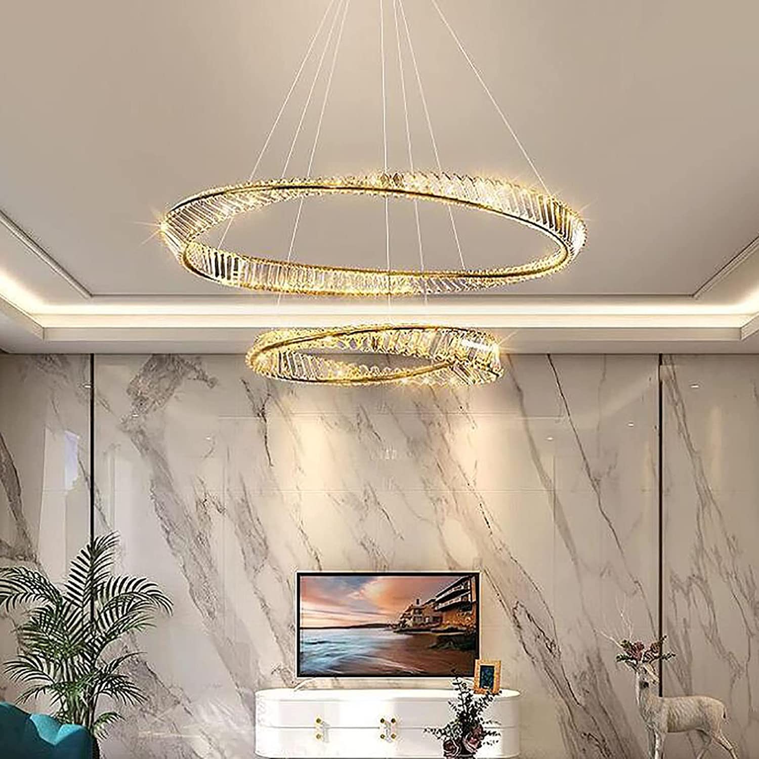 GreeLustr Lampadario A Soffitto LED Cristallo 2 Anelli: 3 Colori Regolabili Per Soggiorno