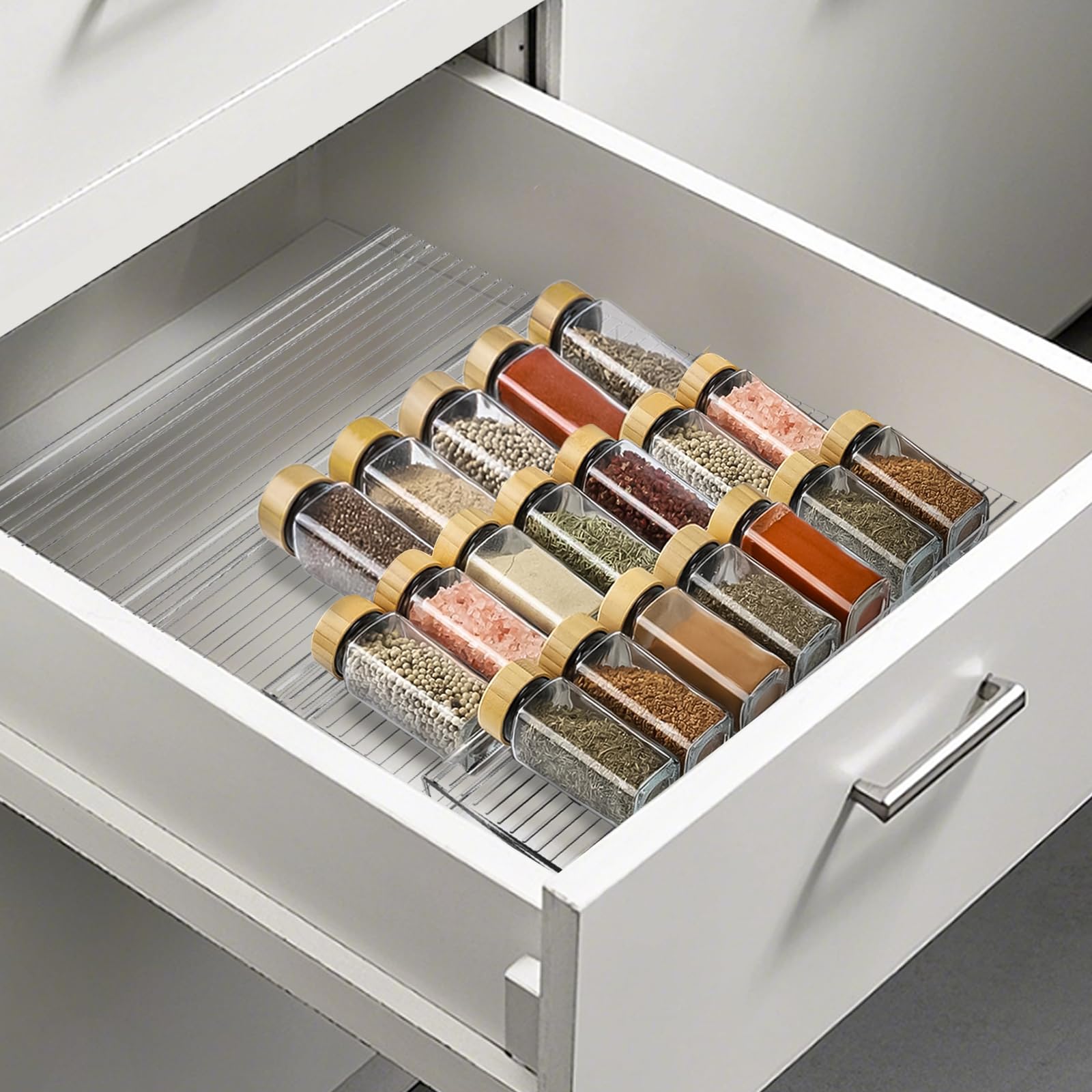Spice Drawer Organizer, 4 Tier Clear Acrylic Drawer Seasoning Organizer Rack, Kitchen Seasoning Jars Drawers Insert, Expandable 11