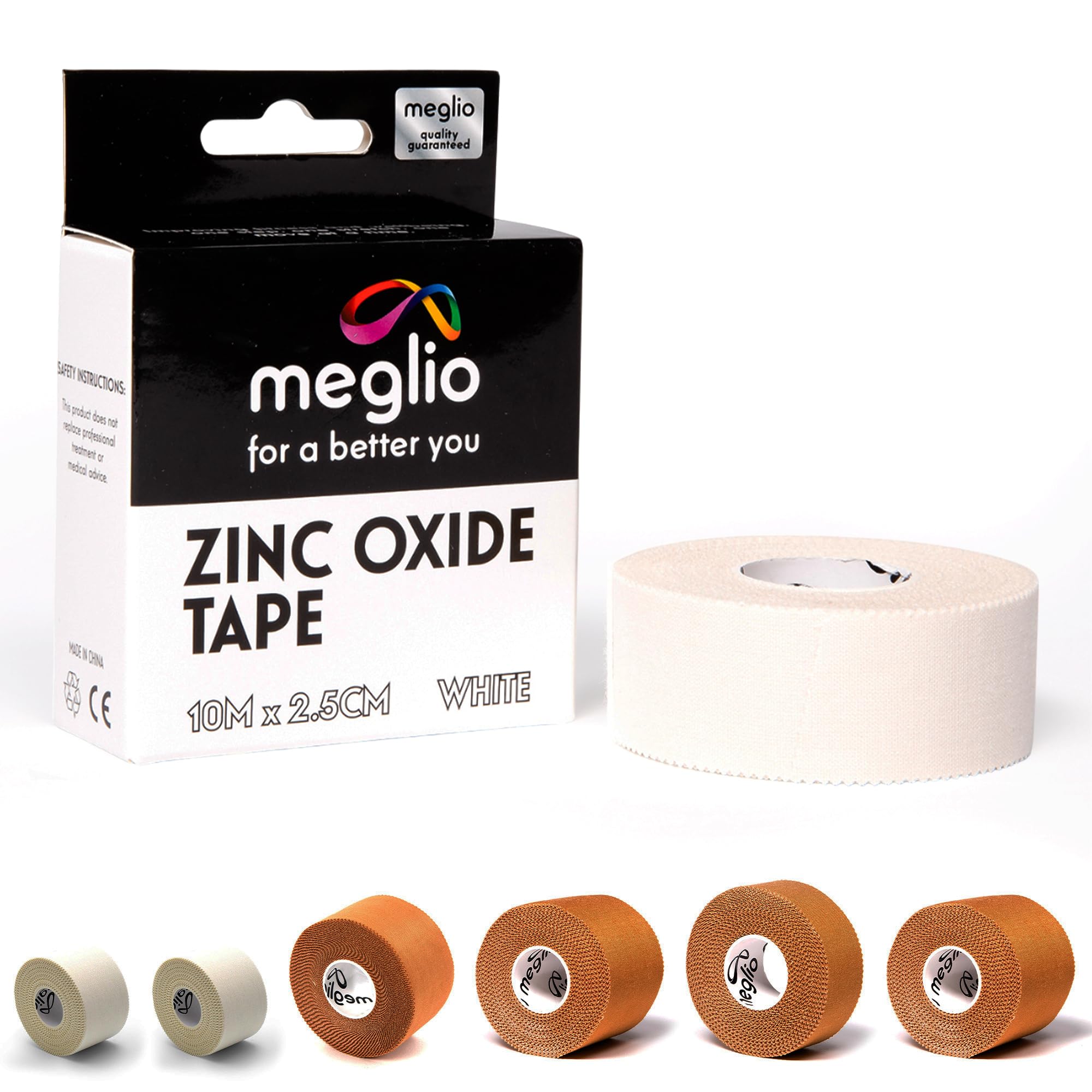 Meglio Zinc Oxide Tape - Strong Athletic Sports Strapping Tape for Support & Injury Recovery, Blister Prevention Tape, Ankle, Foot, Running, Rugby & Climbing, Non-Slip Grip Tape | (White) 2.5cm x 10m