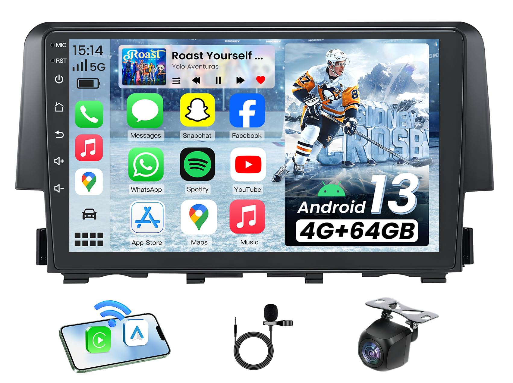 8Core 4+64GB Android 13 Car Radio for Honda Civic 2016-2021: 9" IPS 1280 * 800 Touchscreen Replacement with Wireless CarPlay & Android Auto 5GWiFi Bluetooth5.0 FM/AM 36EQ SWC 1080p Camera GPS