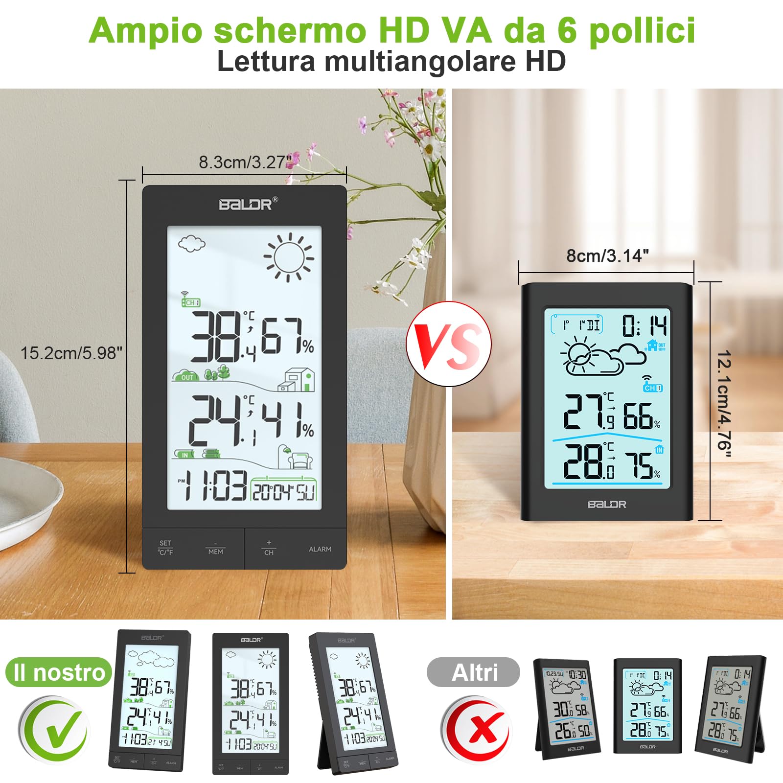 Stazione Meteo con Sensore Esterno, Display LCD 6.0", Termometro Igrometro, Previsioni, Sveglia Snooze