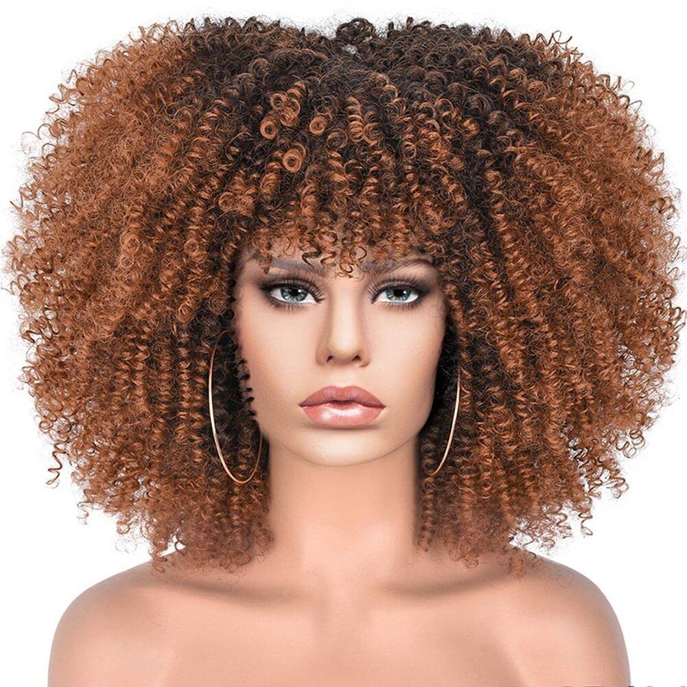Sanfly Women's Brown Short Afro Kinky Curly Wig With Bangs For Black Cosplay Lolita Natural Hair Ombre Mixed Synthetic African Wigs