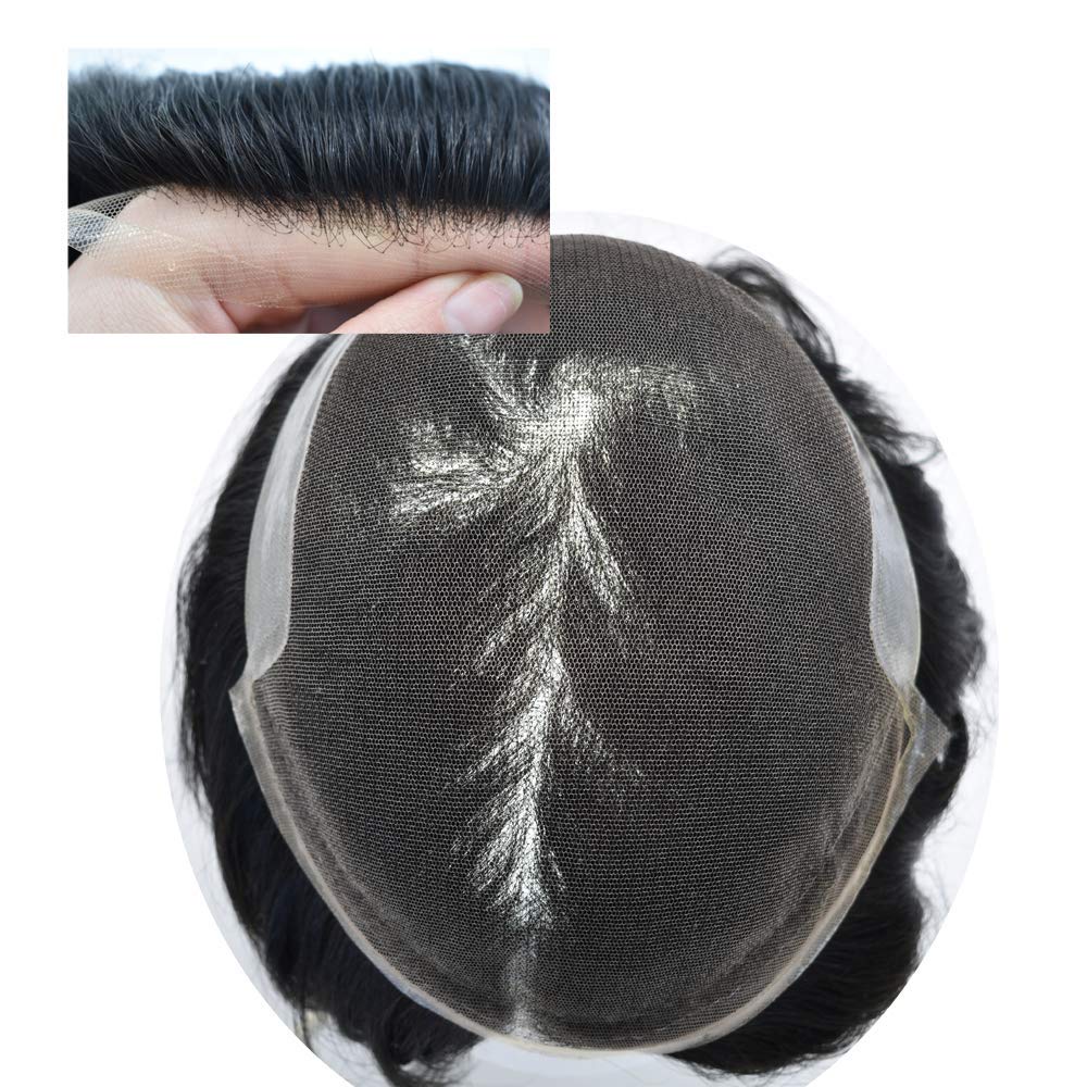 Men's Toupee Hairpiece Swiss Lace Toupee for Men Real Human Hair Replacement System Bleached Knot Hairpieces for Men Hair Prosthesis 7x9#1b off black 90% density