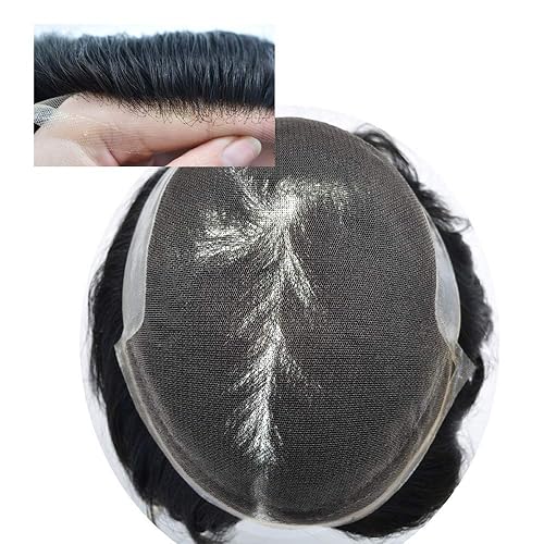 Miniatura 5 de Toupee - Sistema de cabello humano tipo tupé con encaje frontal francés para hombres, postizo para hombres, nudos blanqueados, línea capilar