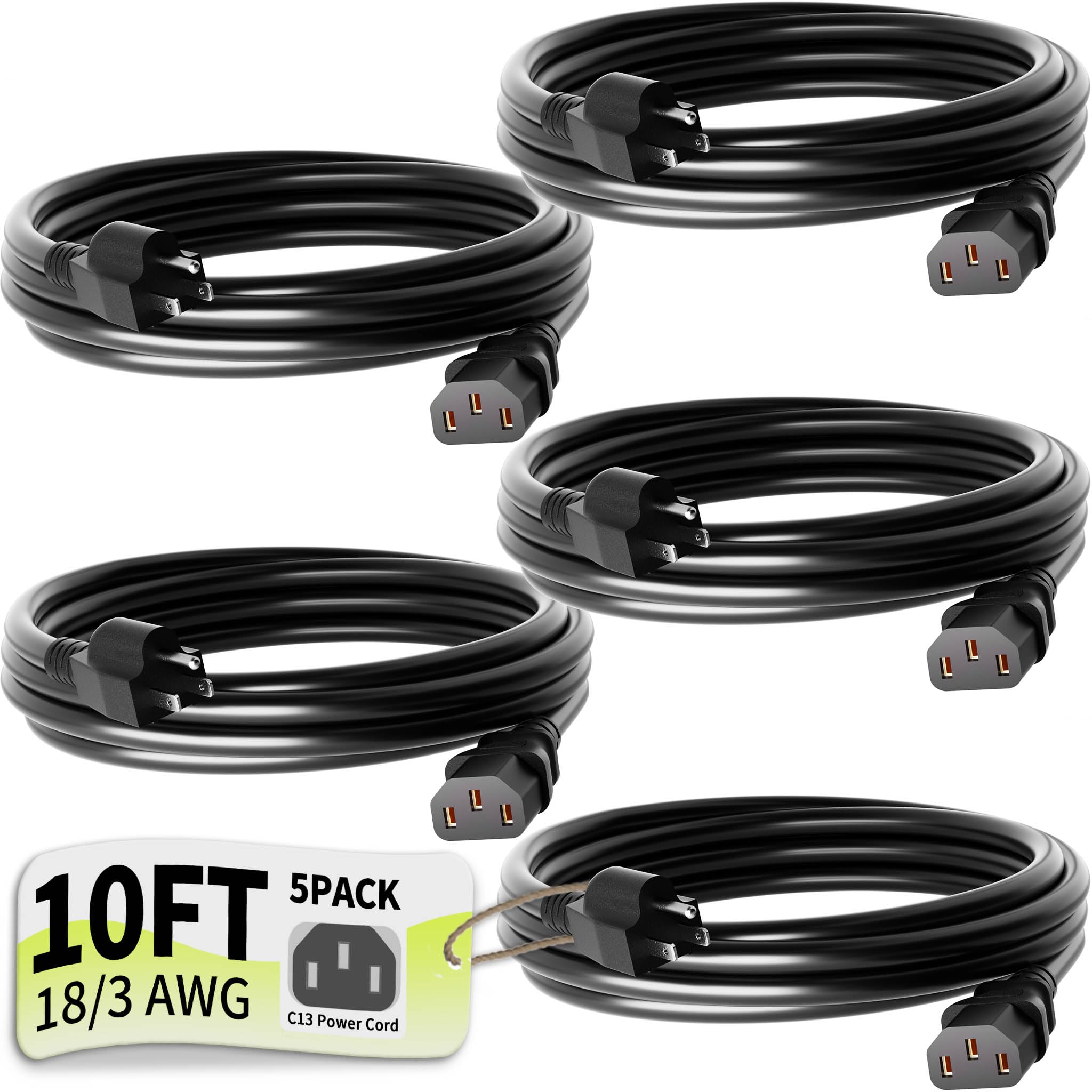 Vockjour Universal 10ft 5 Pack Power Cord, 3-Prong Pure Copper ETL, Black
