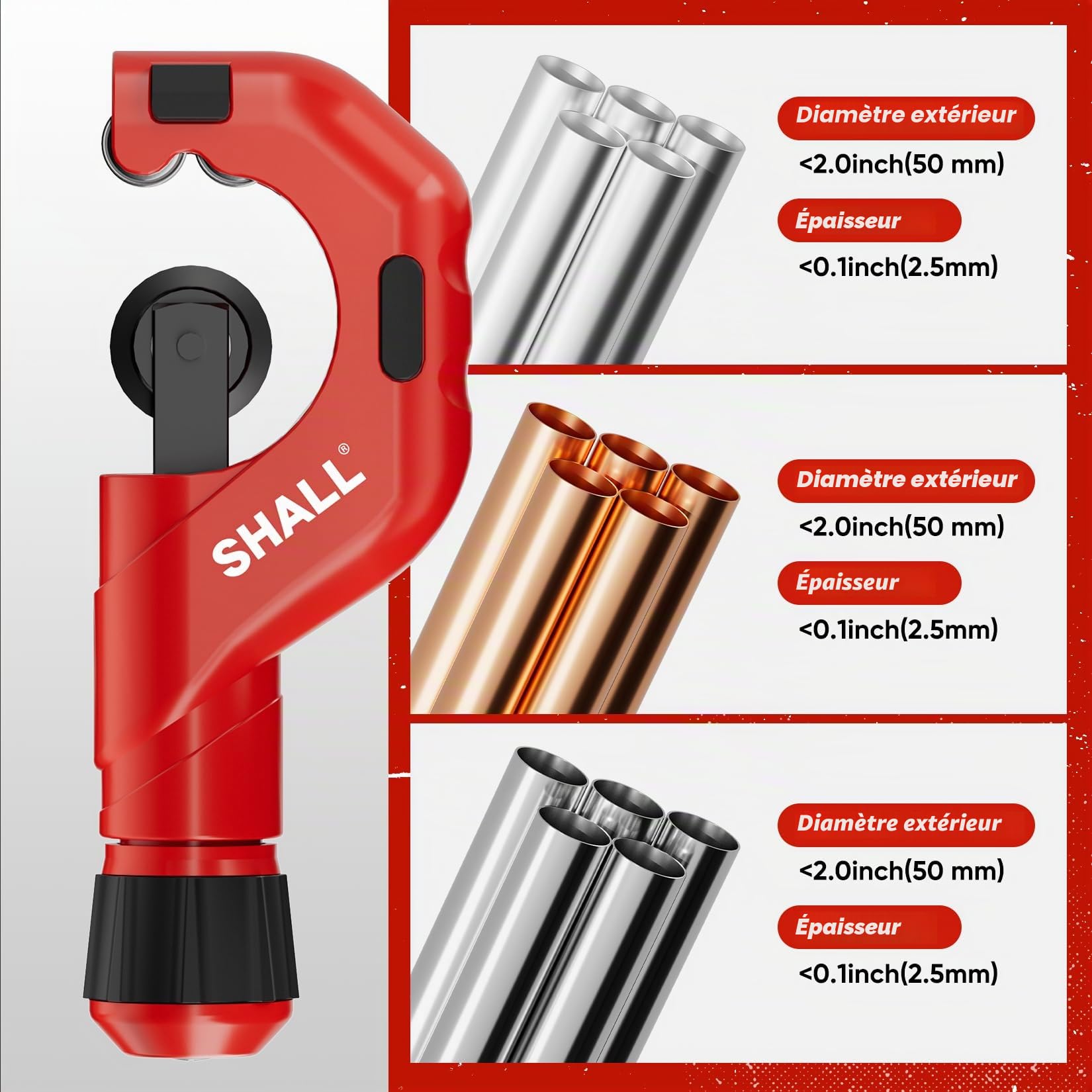 SHALL Lot de 4 coupe-tubes robustes Ø 6-50 mm, mini cutter Ø 3-22 mm, avec 2 outils d'ébavurage, convient pour PVC/aluminium/cuivre