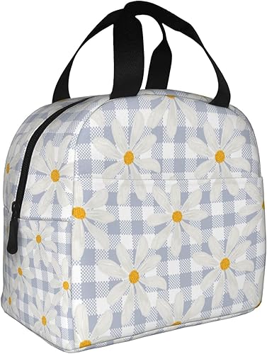 Miniatura 2 de Lonchera Kawaii con diseño de margaritas blancas y moradas para mujeres y hombres, contenedor reutilizable con aislamiento floral con bolsillo