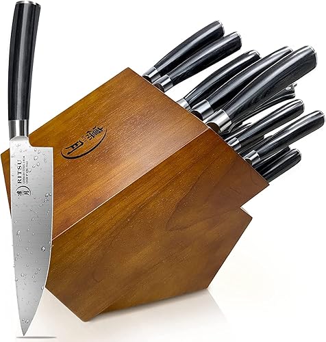 RITSU Juego de cuchillos de cocina de 17 piezas con bloque, juego de cuchillos de acero alemán con afilador, juego de cuchillos de chef profesional