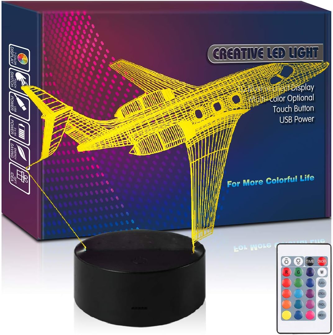 Airplane Night Light LED 3D Illusion Remote Control Lamp USB Aircraft 16 Color Festival Present Birthday Gift for Boy Girl Kid Room Bedroom Decoration (RC Plane)