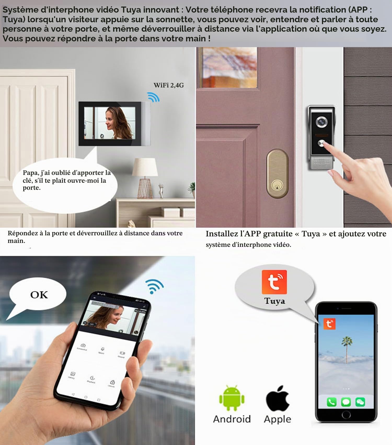 WiFi Tuya Interphone Vidéo pour Accueil Vidéo Sonnette Visiophone Système, 7" Moniteur écran Tactile,1080P HD Sonnette de Caméra Extérieure Filaire Vision Nocturne, Maisons/Bureaux/Villas