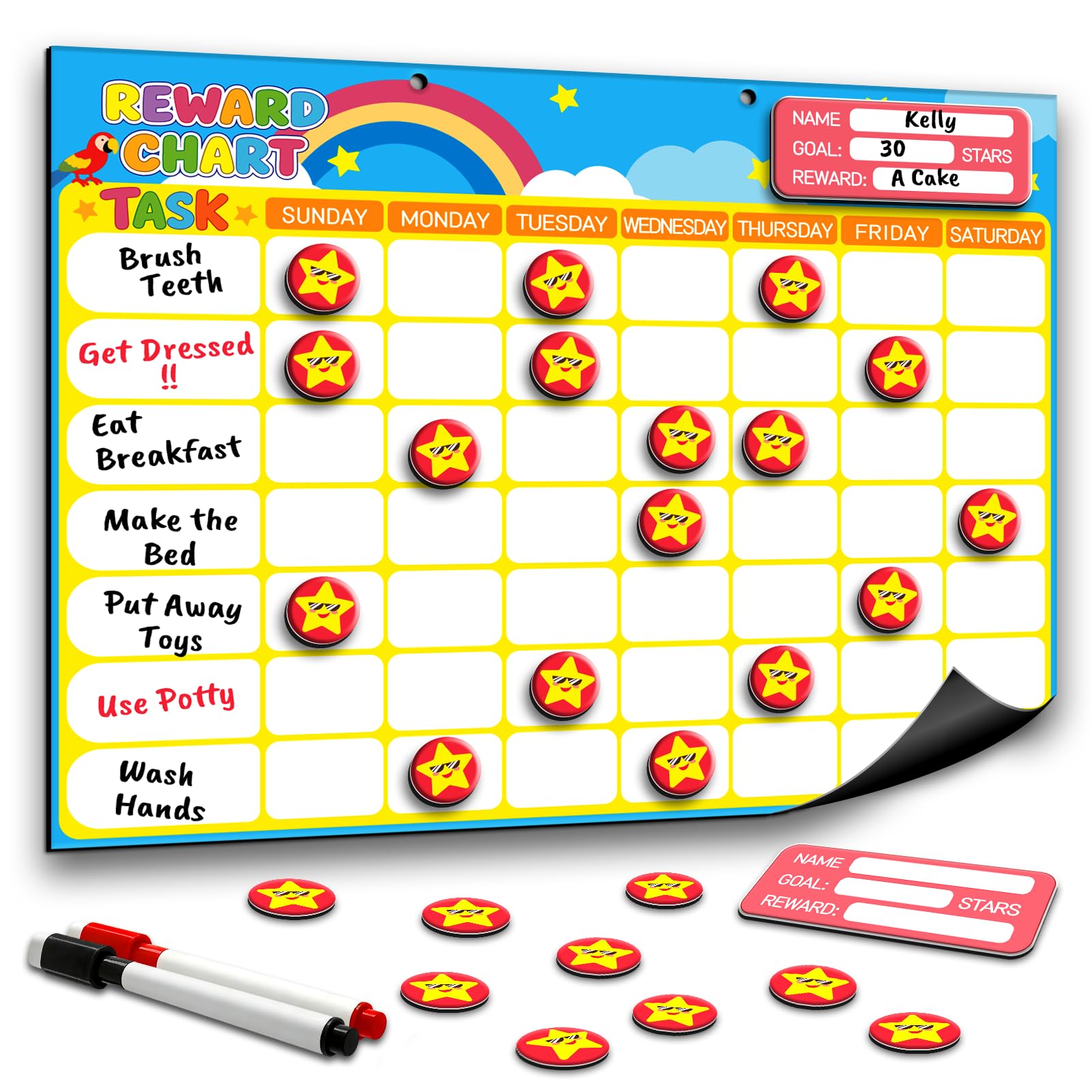 Magnetic Reward Chart for Kids, Customizable Dry Erase Weekly Chore Chart
