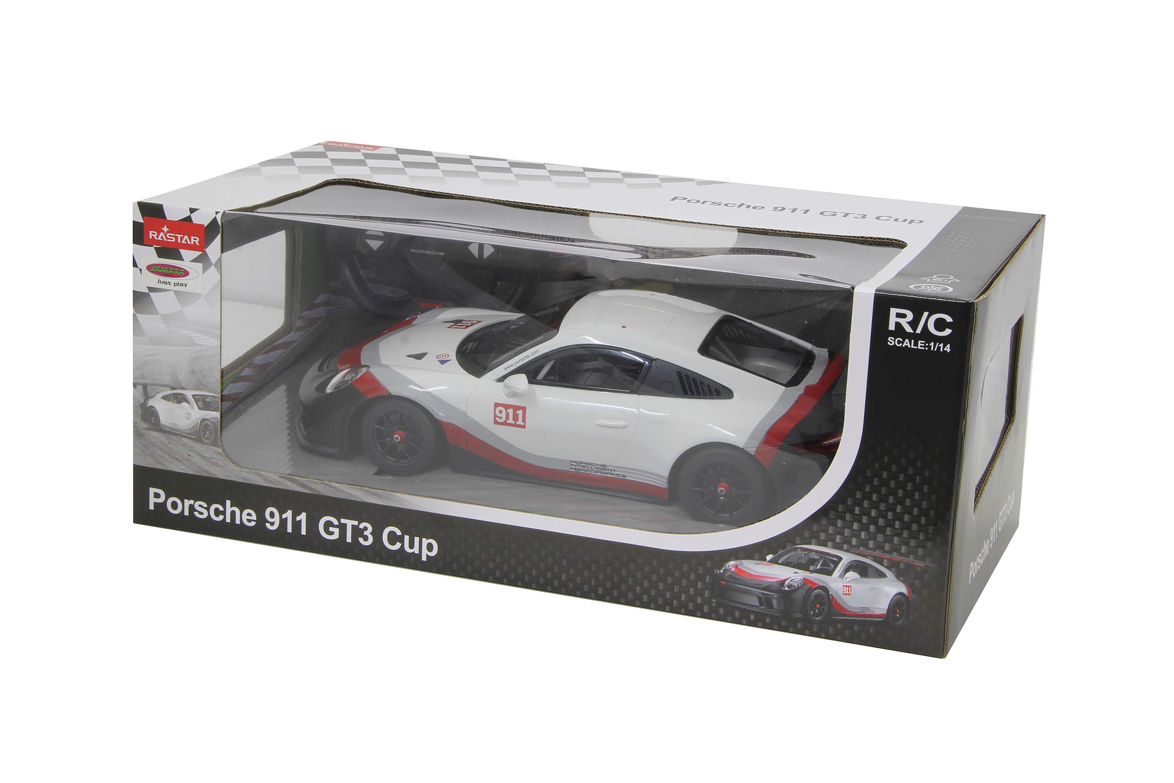 JAMARA 405153 – Porsche 911 GT3 Cup 1:14 biały 27 MHz – samochód RC na oficjalnej licencji, ok. 1 godzina, 11 km/h, idealnie odwzorowane szczegóły, szczegółowe wnętrze, wysokiej jakości wykonanie, światło LED