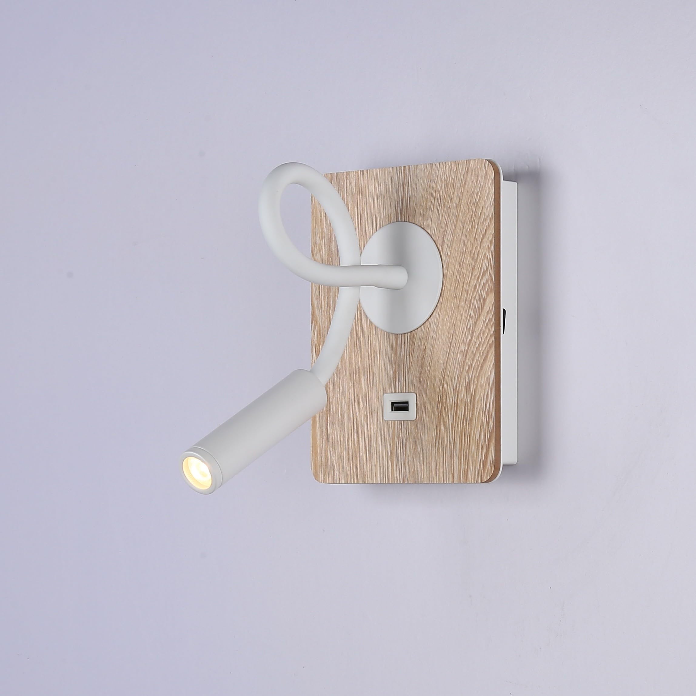 B·LED BARCELONA LED Wandleuchte aus Holz mit Schalter und Strahler, weiß, flexibel, warmweißes Licht, USB-Ladeanschluss zum Lesen, Bett, Nachttisch, Hotel