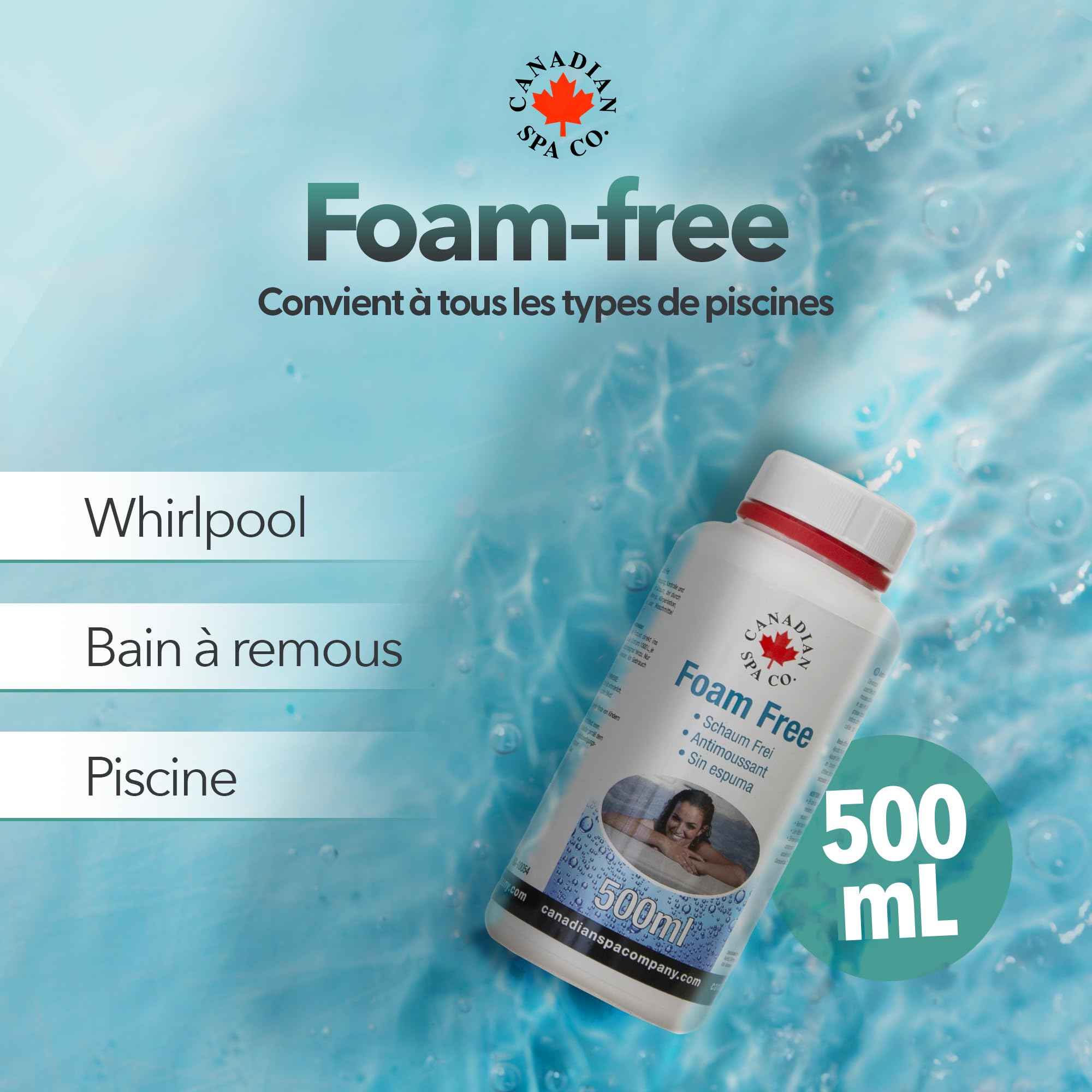 Canadian Spa Co. Anti-Mousse Spa Foam Free, Traitement antimousse prêt à l’Emploi pour Spa et Piscine, Anti écume pour Spa, Dissolution Rapide, Dosage 30 ML/m³, Flacon 500 ML