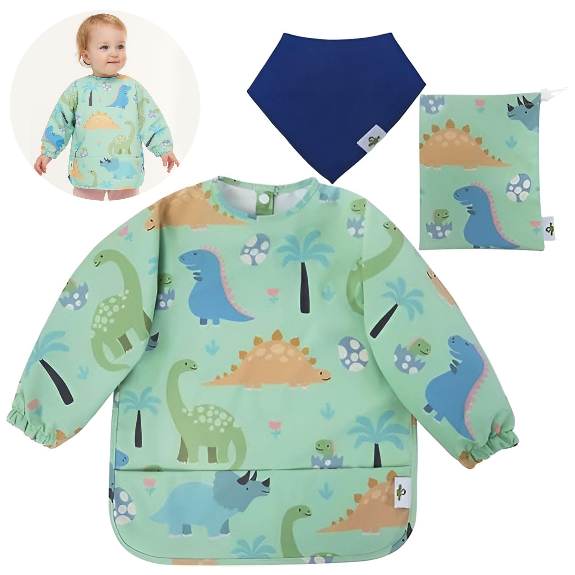 Cheeky Monkey Baby Bibs with Sleeves Waterproof, Green