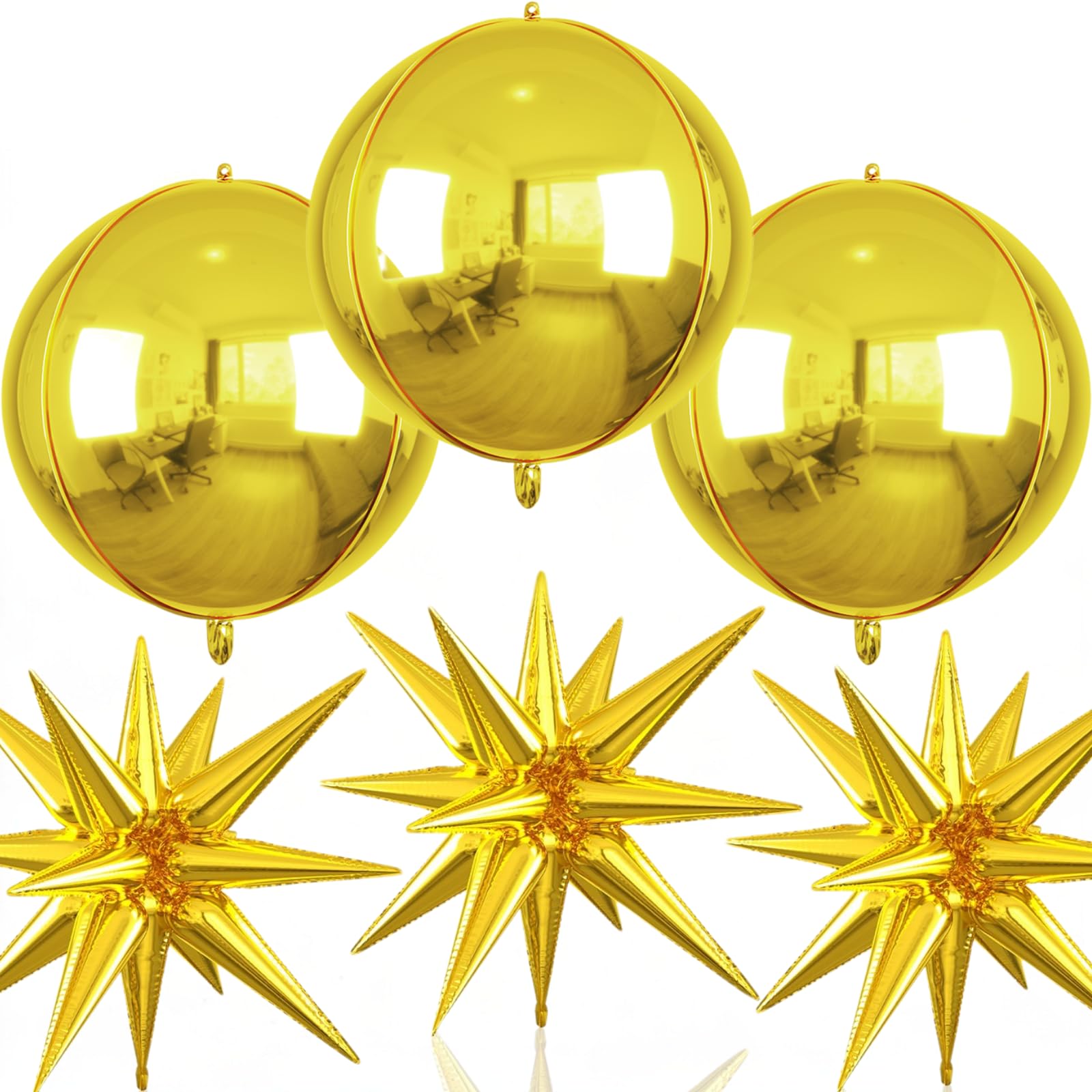 6pcs 22 inch Gold Star Balloons and Gold 4D Large Foil Balloons, Foil Star Balloon 4D Aluminum Balloon For Birthday Baby Shower Party Wedding
