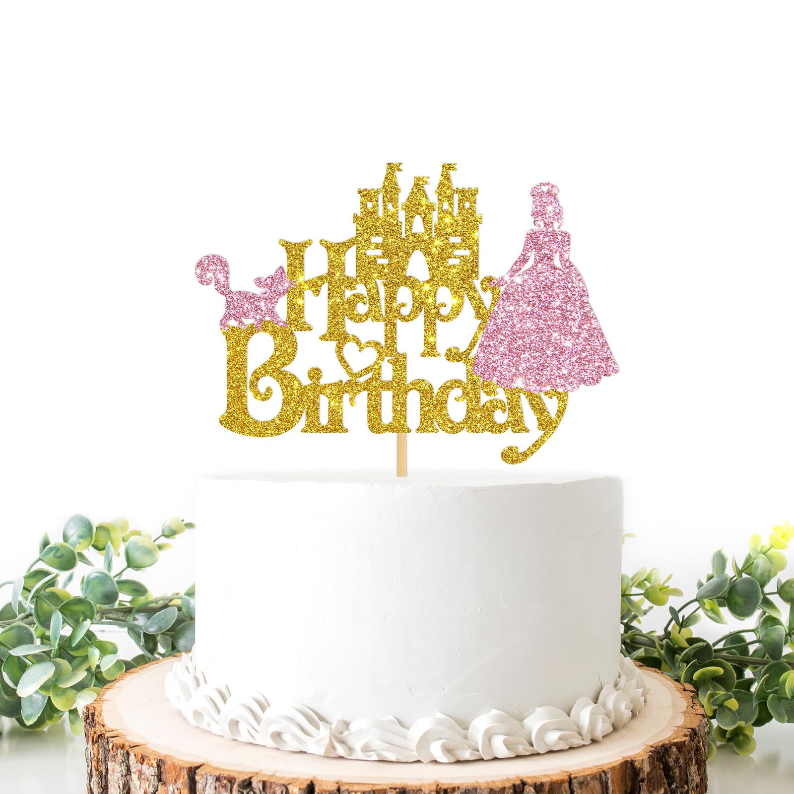 HelewilkHappy Birthday Cake Topper for Princess Birthday Party Decoration, Fairy Tale Theme Birthday Party Cake Decor, Castle Crown Sign Cake Topper for Kids Girls Birthday Party Supplies