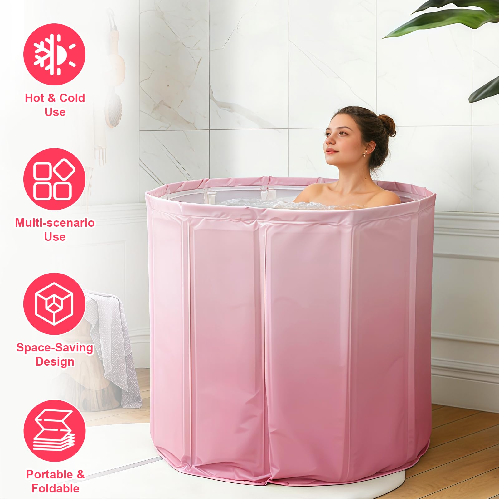 Faltbare Badewanne 70×65 cm für Erwachsene – Tragbare tiefe Badewanne für Warm- und Kaltwasser mit Ablaufschlauch und Sitzkissen, Platzsparende Faltbadewanne für kleines Bad (Rosa)