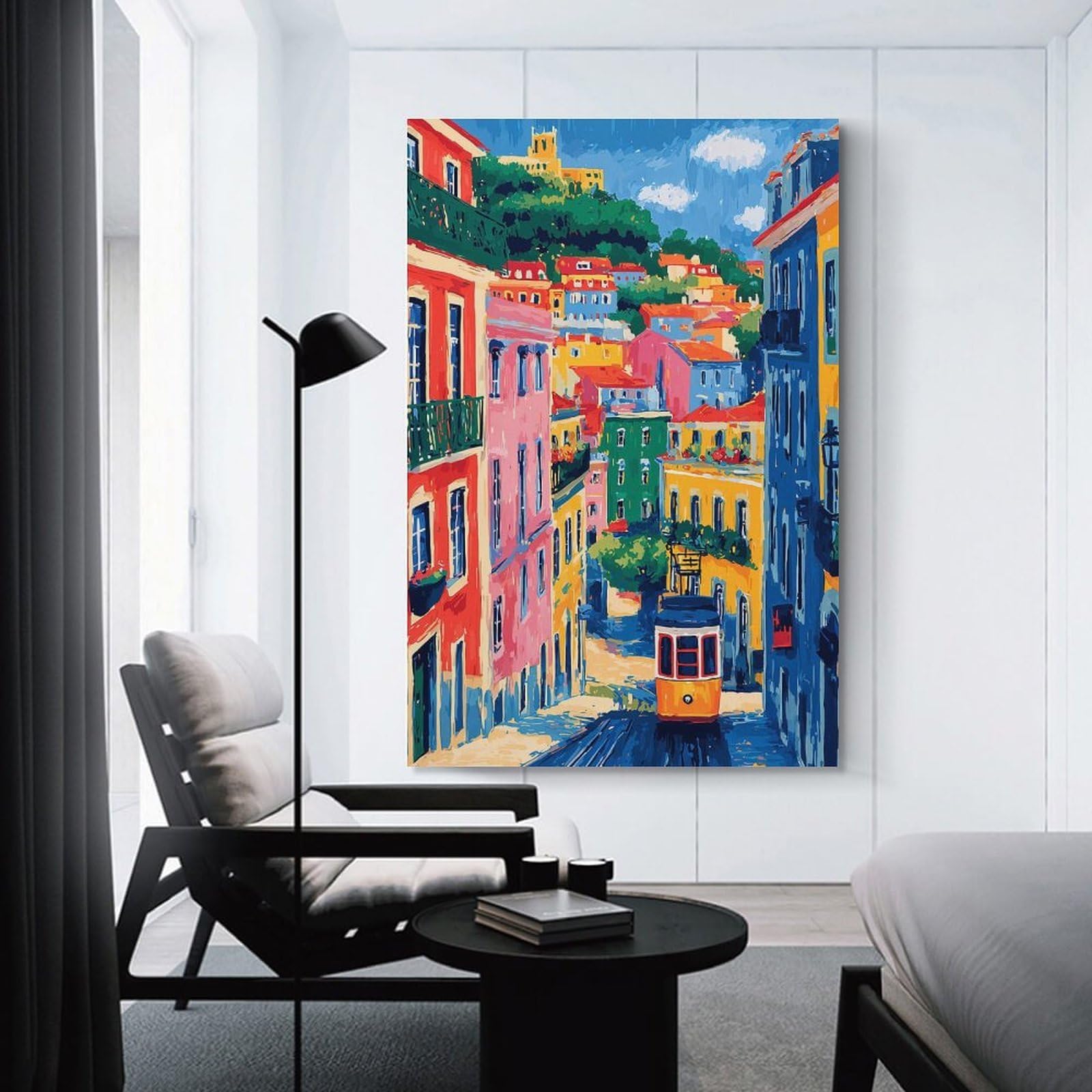 Junmoney Unframe-Style-22 Canvas Art Print Colorful Lisbon Street With Tram, 20X30inch(50X75cm), For Office, Study Or Home Workspace, Wall Art That Adds Style To Work Areas
