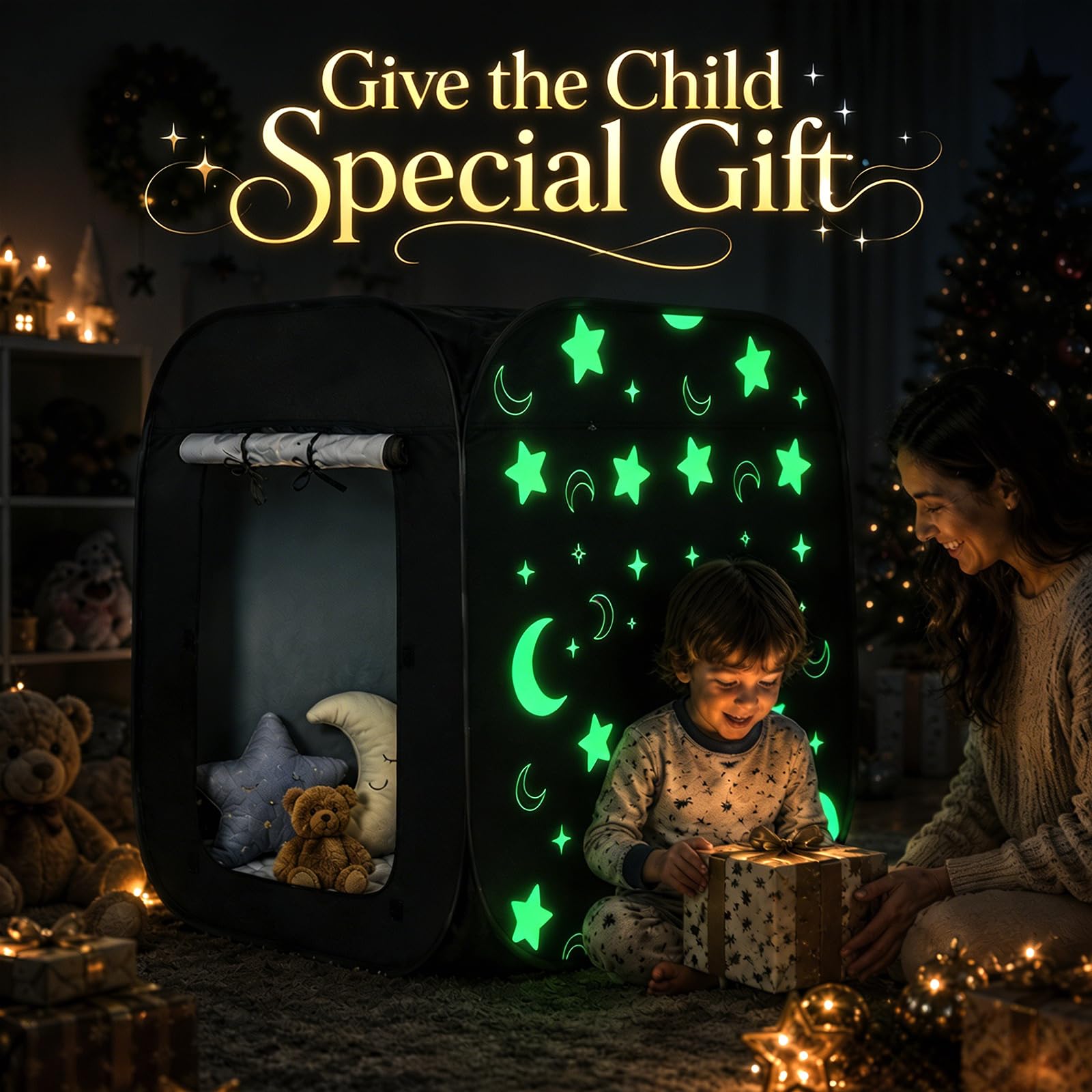 Tenda sensoriale, tenda pop-up per bambini con stelle e lune che si illuminano alla notte, per calmare e favorire la concentrazione, tenda oscurante sensoriale per interni, autismo, SPD, ansia, ADHD
