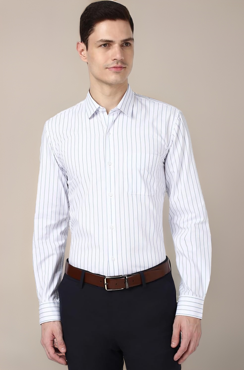 Peter England Men's Slim Fit Full Sleeve Striped Formal Shirt | Cotton Rich | Wonder Fabric | Pin Point Oxford