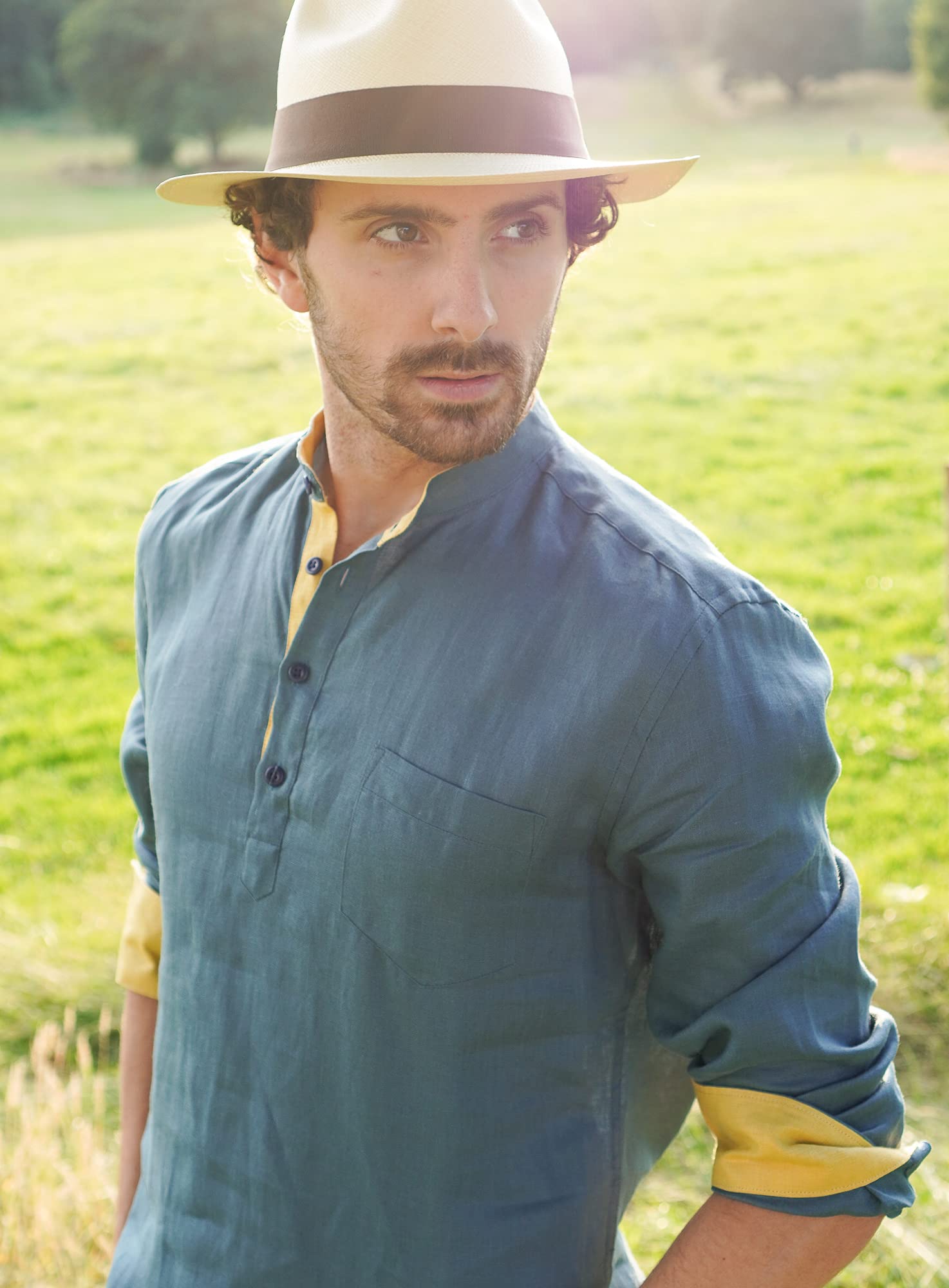 Borges & Scott - Camisa 100% Lino irlandés Grandad Henley - Manga Larga, Teal, L