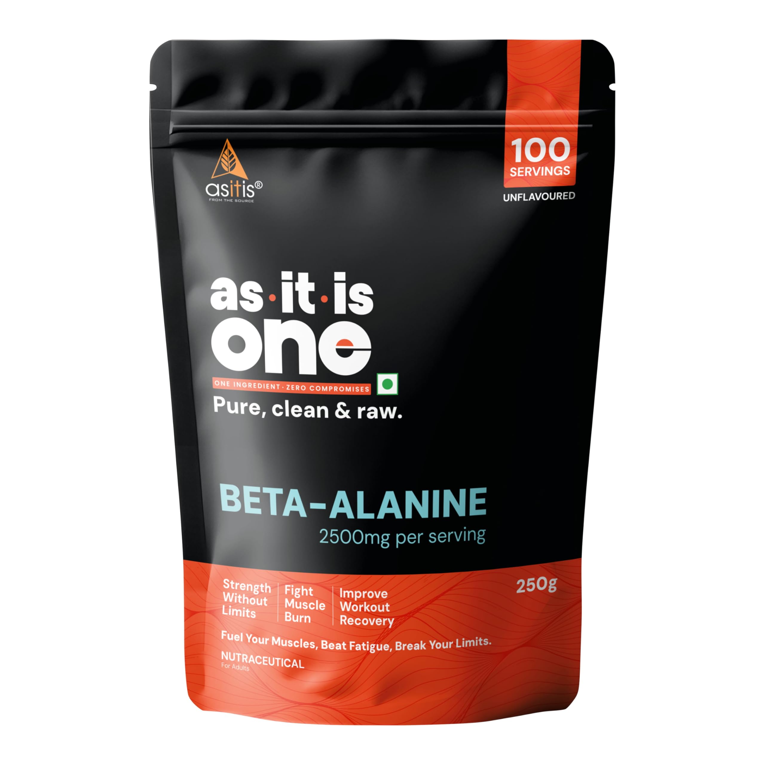 AS-IT-IS One Beta Alanine, Unflavoured & Unsweetened, 250g - Supports Endurance, Reduces Fatigue & Improves Performance